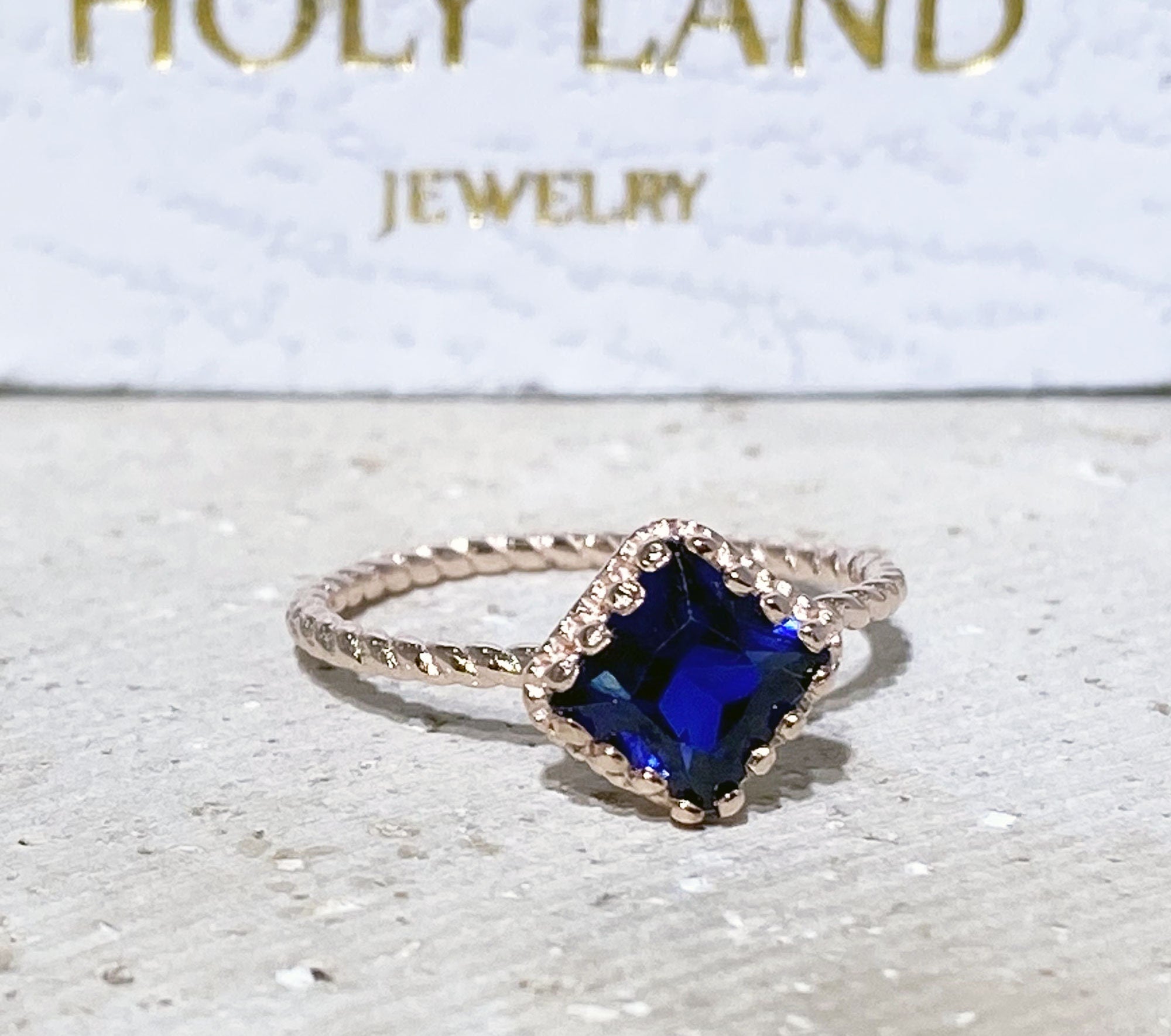 Blue Sapphire Ring - September Birthstone - Simple Twist Band Ring with Square Blue Sapphire Gemstone - H.L.Jewelry