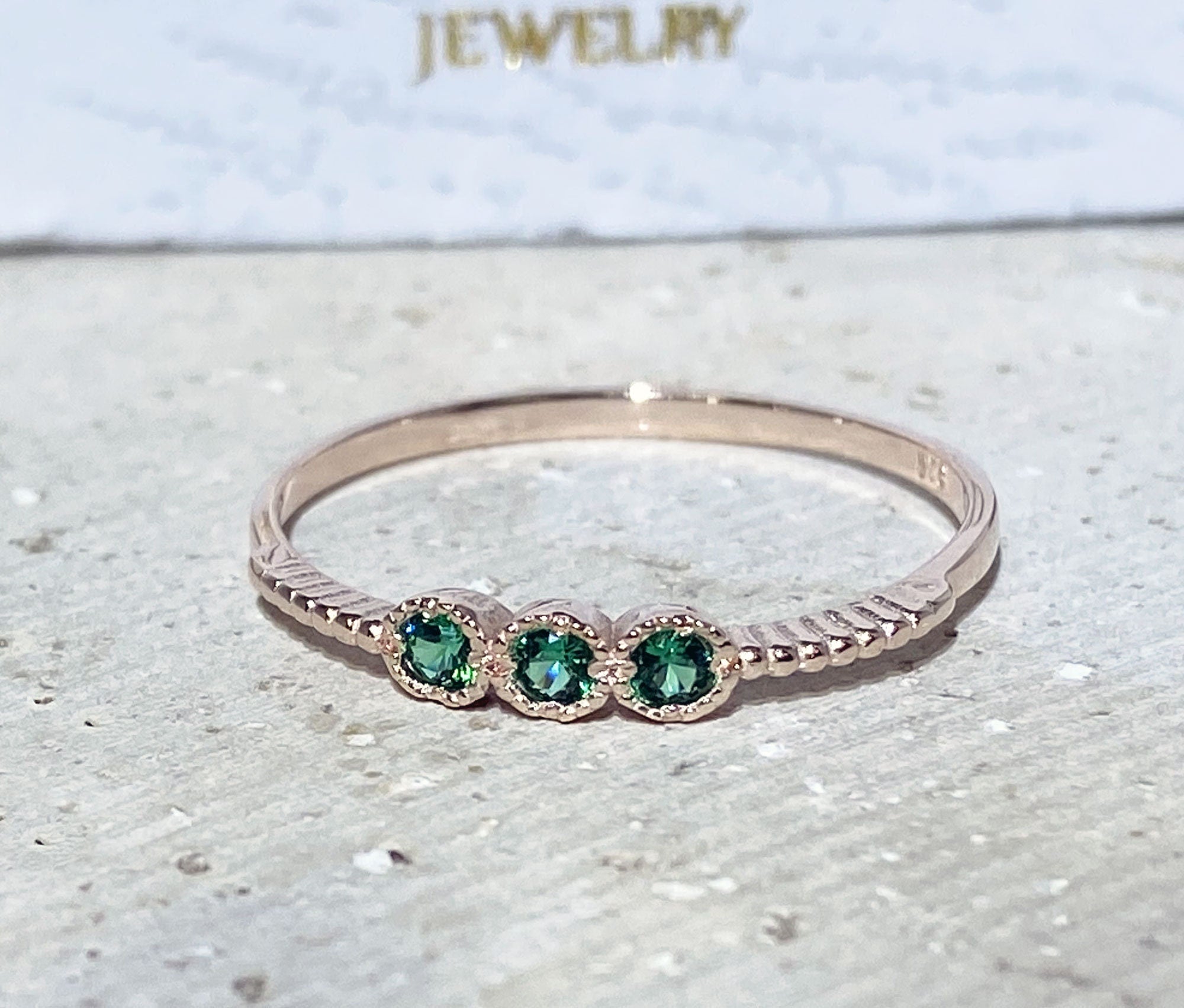 Emerald Ring - May Birthstone - Three Round Emerald Gemstones Delicate Stacking Ring - H.L.Jewelry