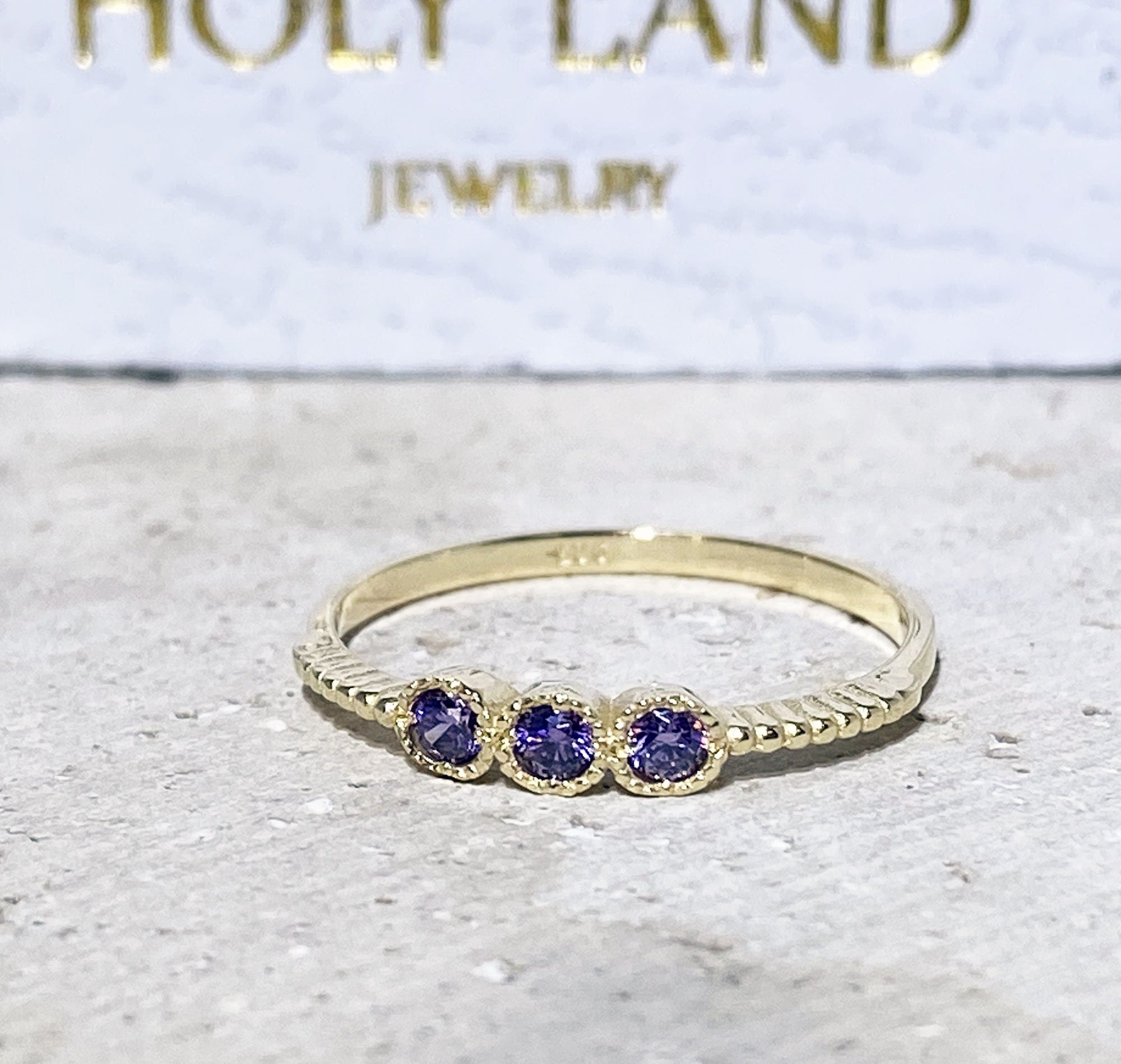 Purple Amethyst Ring - February Birthstone - Three Round Purple Amethyst Gemstone Delicate Stacking Ring - H.L.Jewelry