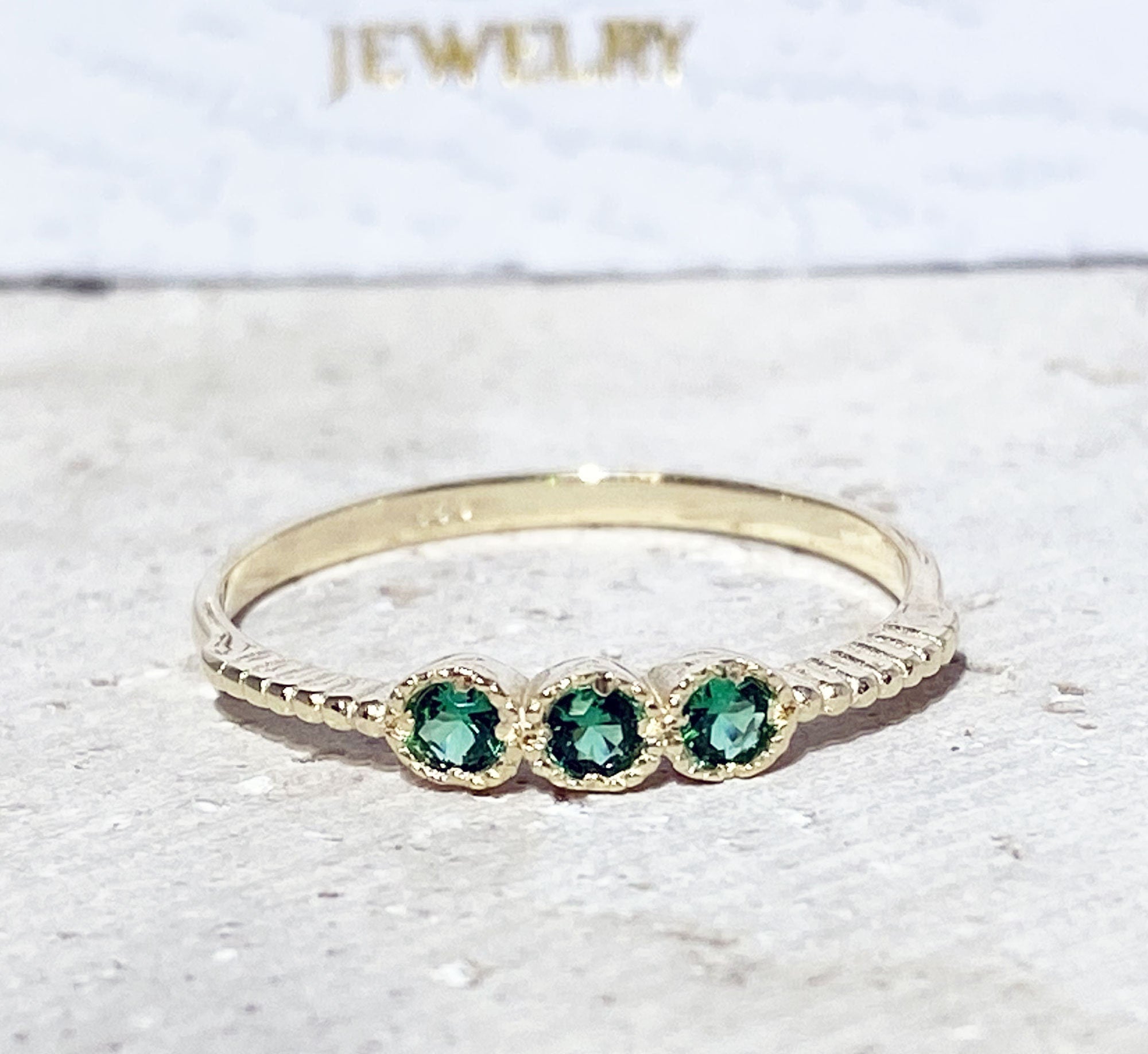 Emerald Ring - May Birthstone - Three Round Emerald Gemstones Delicate Stacking Ring - H.L.Jewelry