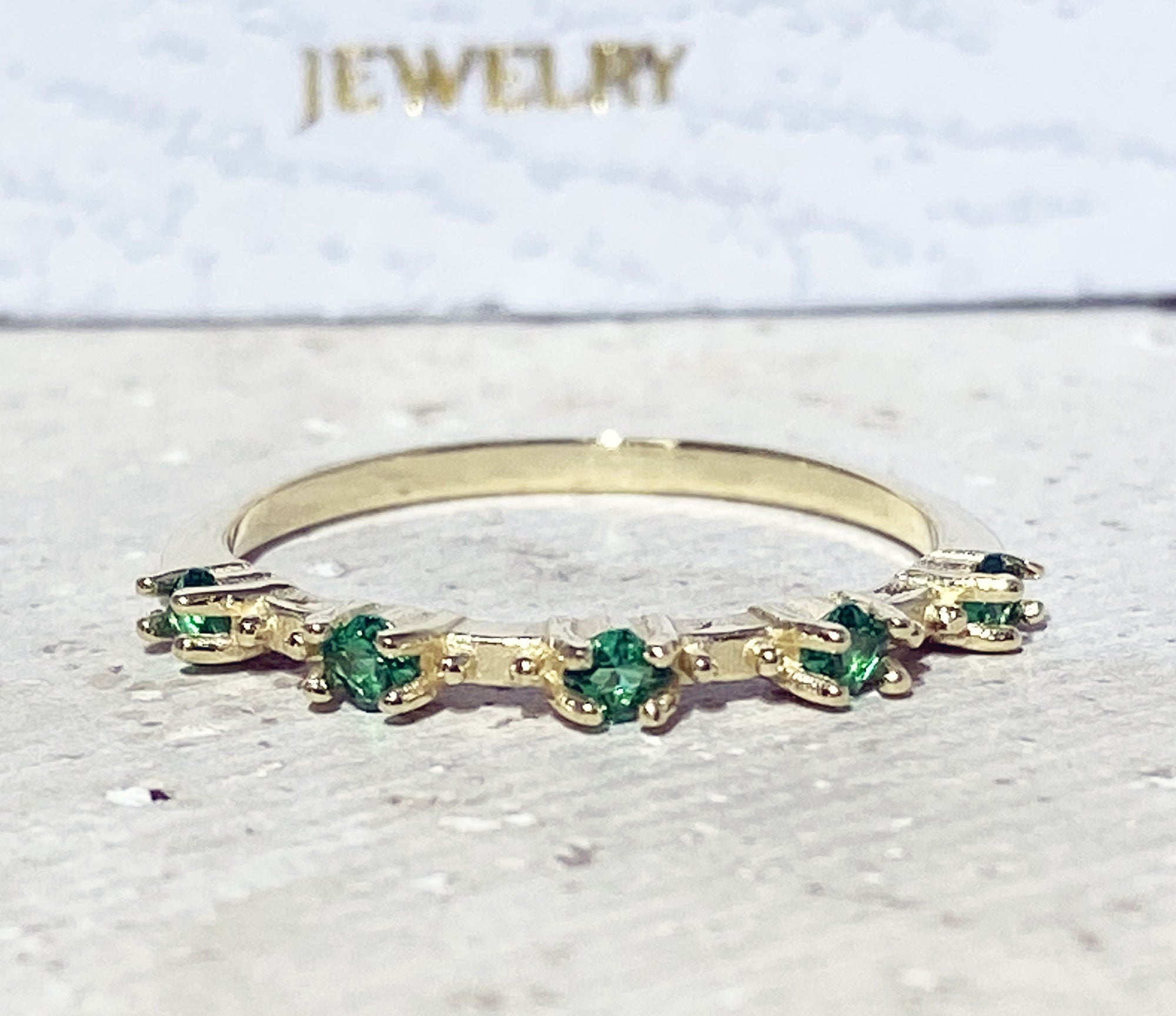 Emerald Ring - May Birthstone - Stacking Ring with Five Round Emerald Gemstones - H.L.Jewelry