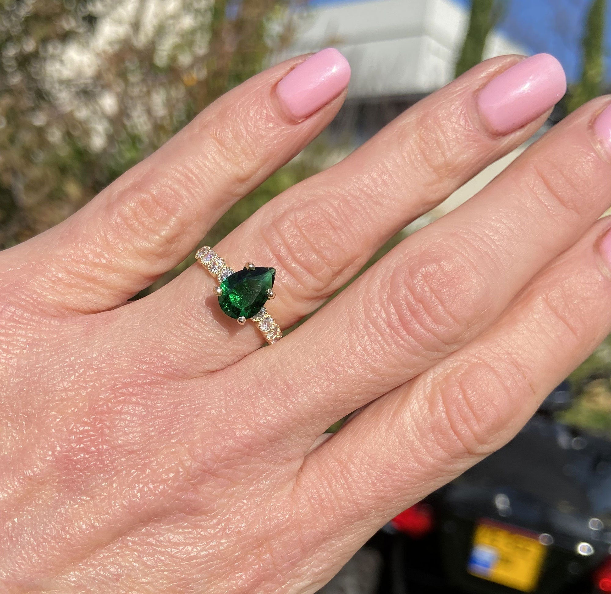 Emerald Ring - May Birthstone - Statement Engagement Ring with Pear-Shaped Emerald Gemstone and Clear Quartz Accents - H.L.Jewelry