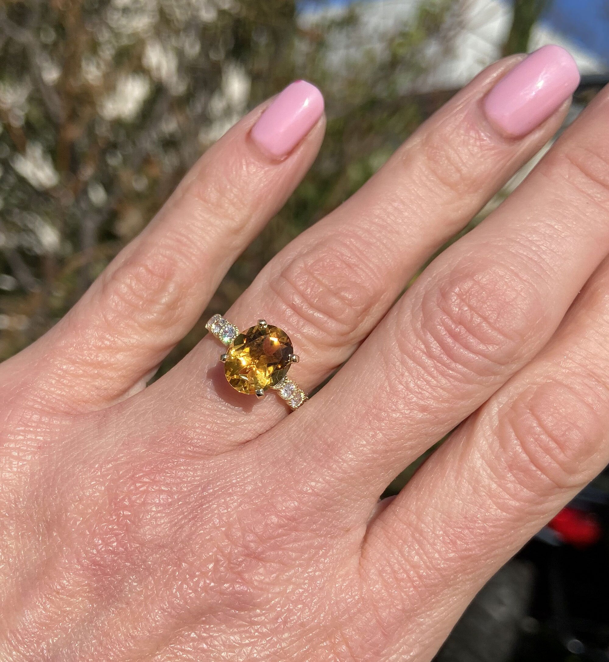 Citrine Ring - November Birthstone - Oval Citrine Gemstone Statement Engagement Ring with Clear Quartz Accents - H.L.Jewelry