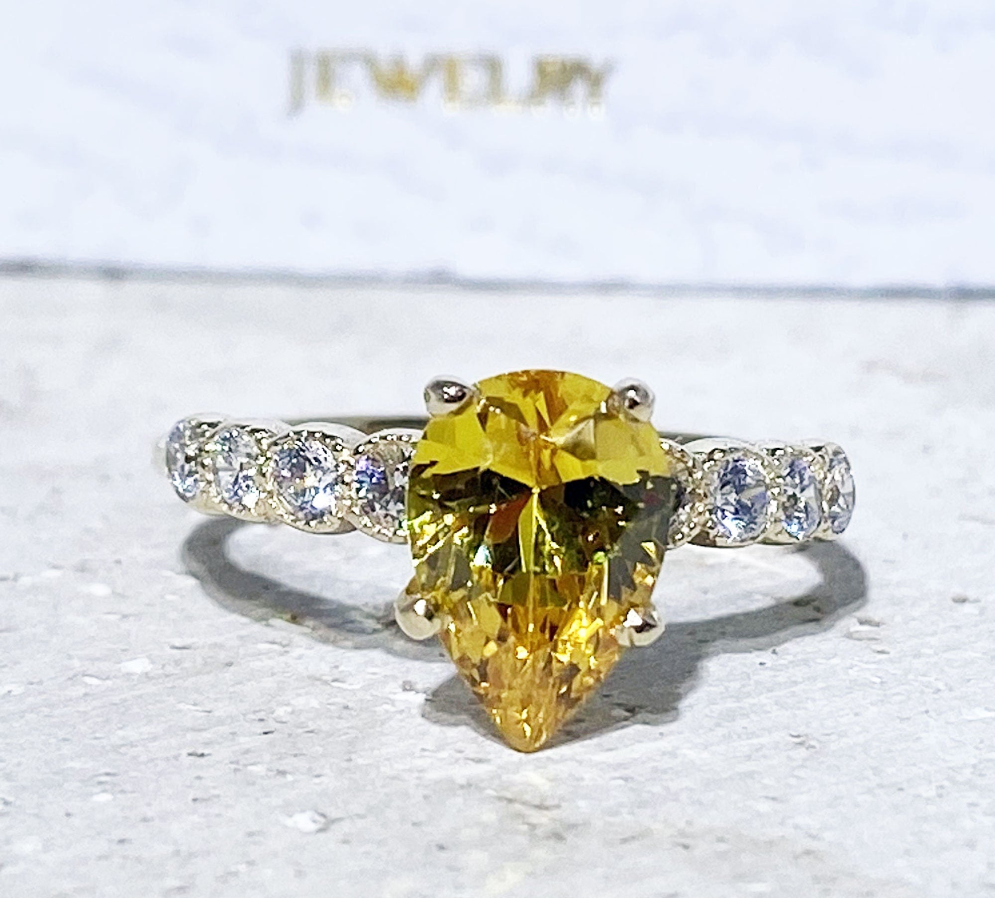 Citrine Ring - November Birthstone - Pear Shape Yellow Citrine Statement Engagement Ring with Clear Quartz Accents - H.L.Jewelry