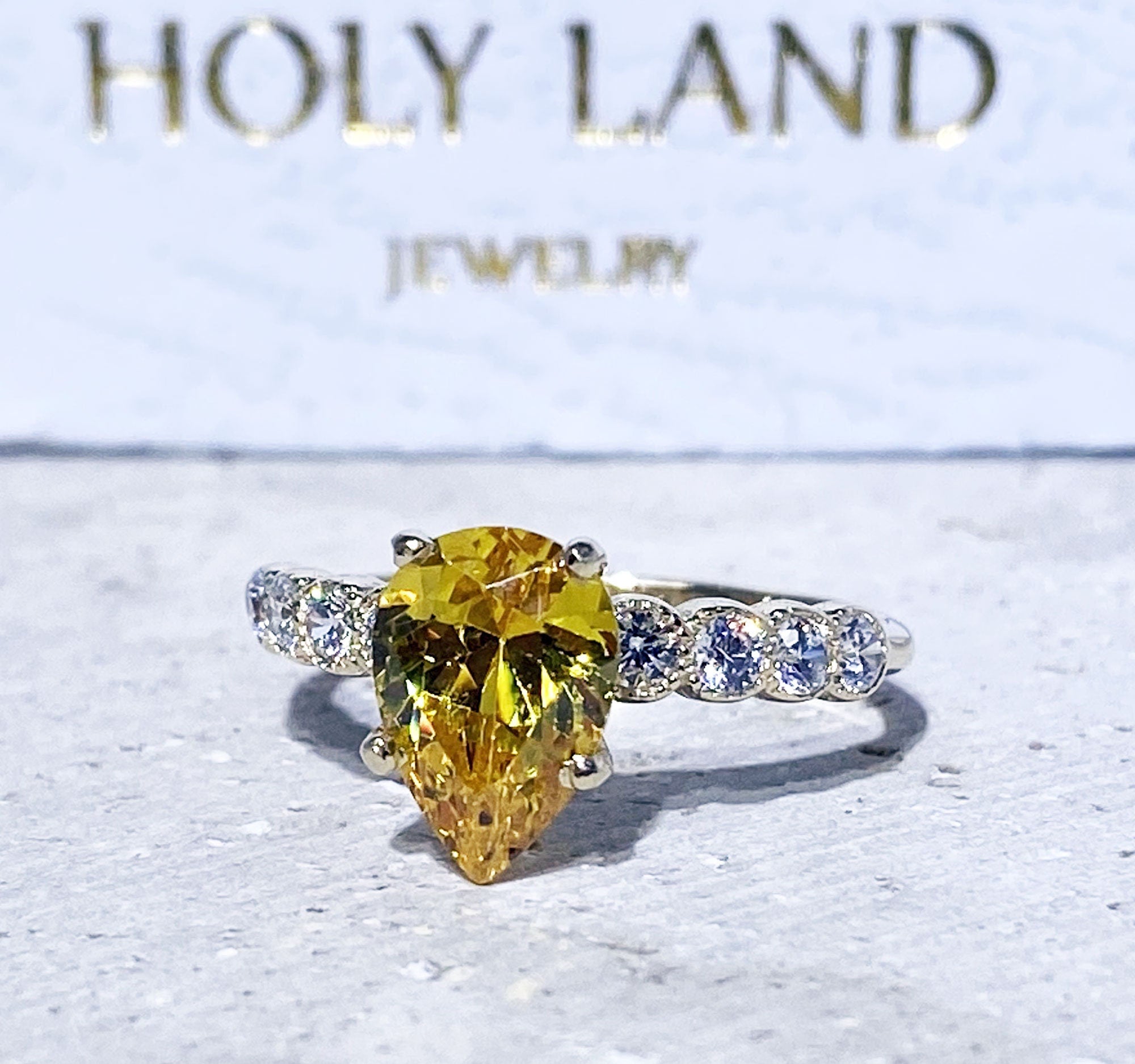 Citrine Ring - November Birthstone - Pear Shape Yellow Citrine Statement Engagement Ring with Clear Quartz Accents - H.L.Jewelry