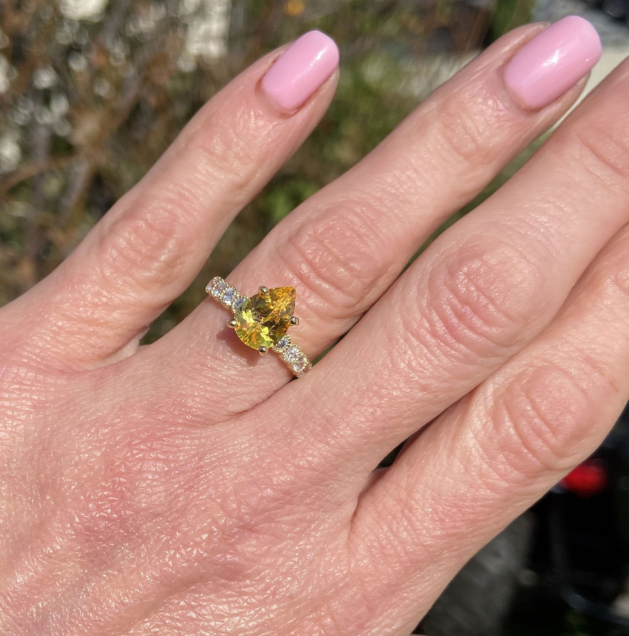 Citrine Ring - November Birthstone - Pear Shape Yellow Citrine Statement Engagement Ring with Clear Quartz Accents - H.L.Jewelry