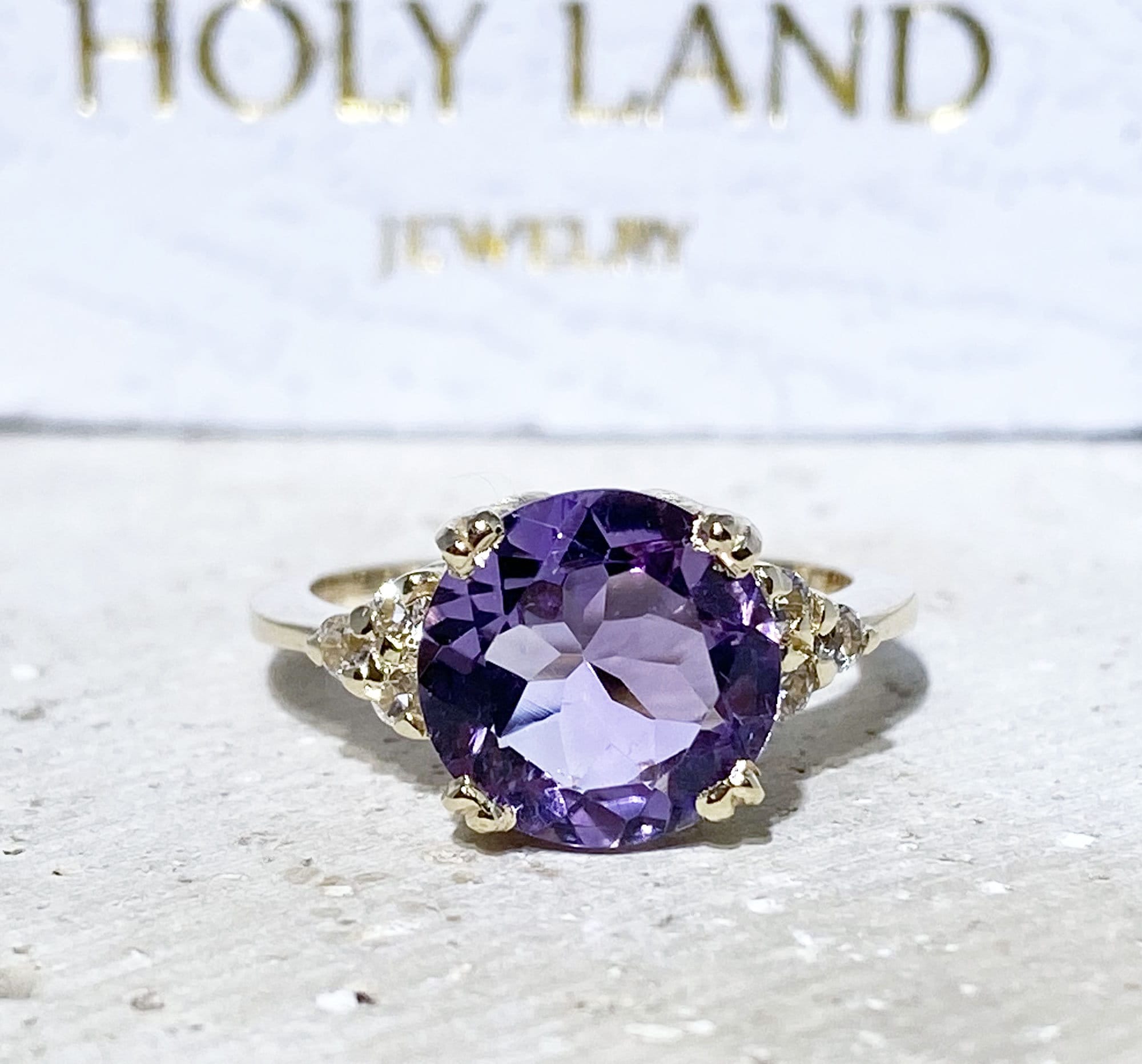 Purple Amethyst Ring - February Birthstone - Round Purple Amethyst Gemstone Statement Engagement Ring with Clear Quartz Accents - H.L.Jewelry