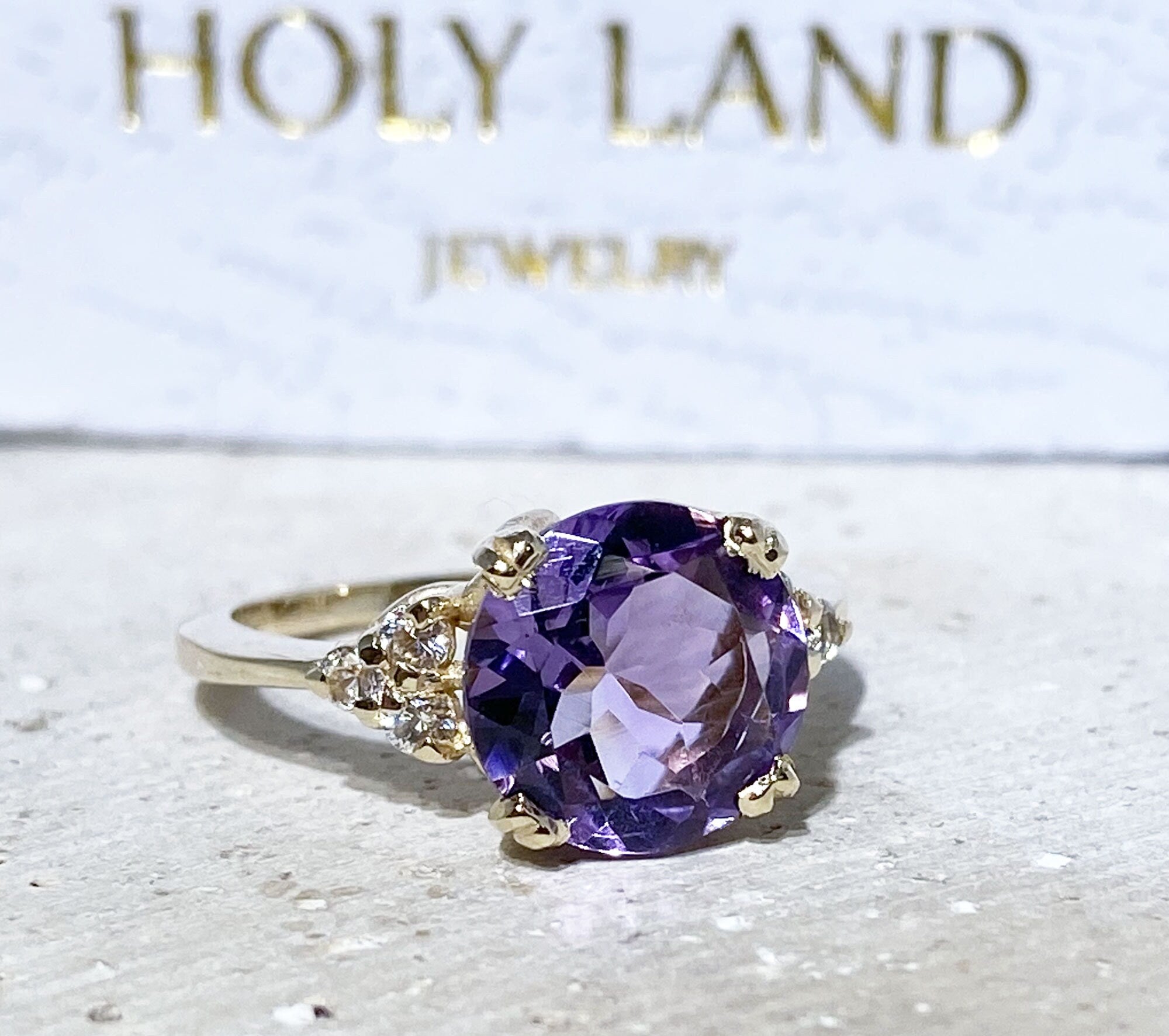 Purple Amethyst Ring - February Birthstone - Round Purple Amethyst Gemstone Statement Engagement Ring with Clear Quartz Accents - H.L.Jewelry