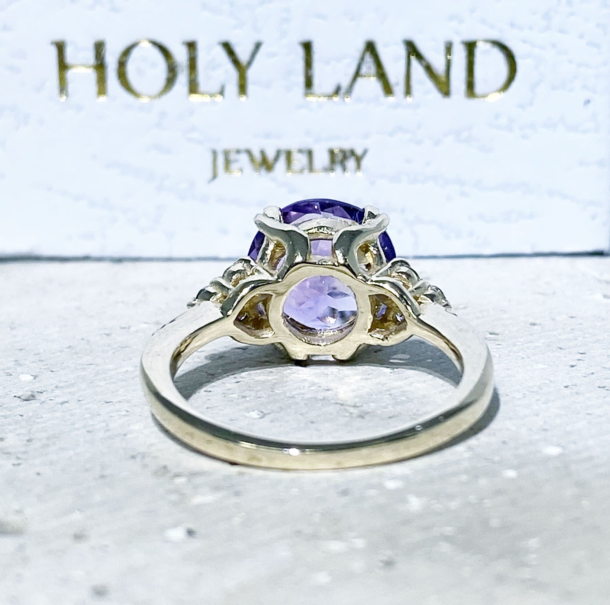 Purple Amethyst Ring - February Birthstone - Round Purple Amethyst Gemstone Statement Engagement Ring with Clear Quartz Accents - H.L.Jewelry