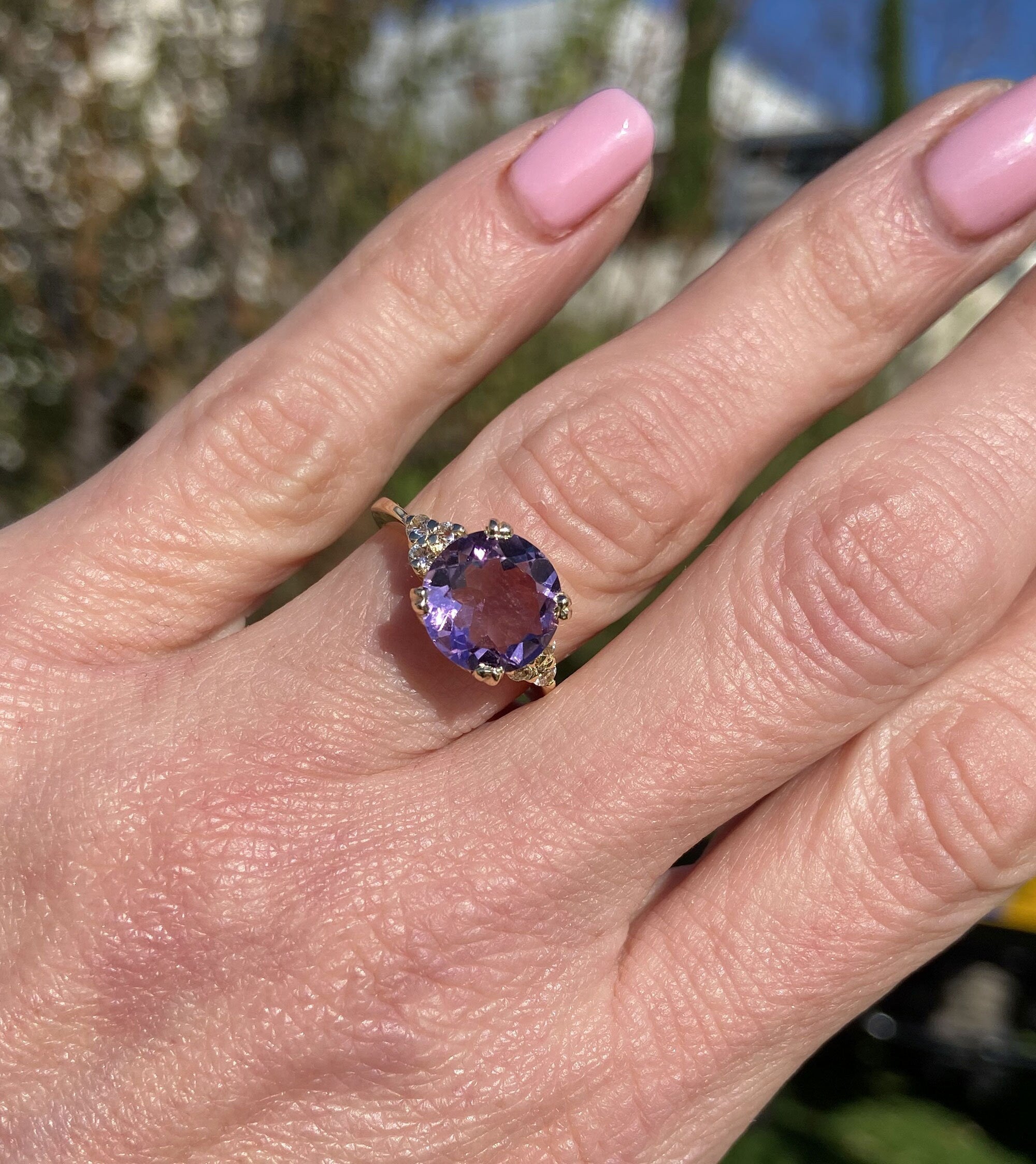 Purple Amethyst Ring - February Birthstone - Round Purple Amethyst Gemstone Statement Engagement Ring with Clear Quartz Accents - H.L.Jewelry