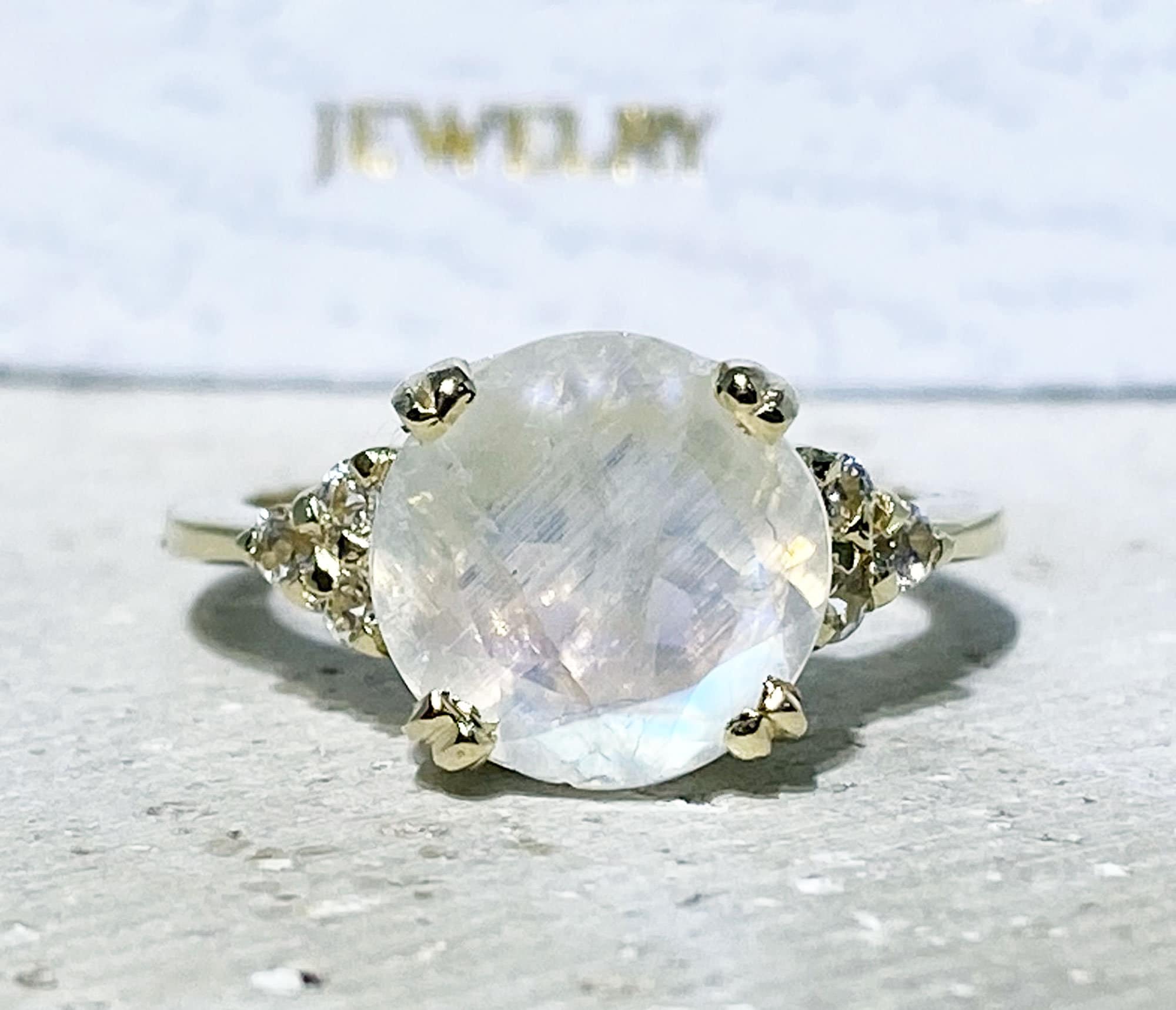 Rainbow Moonstone Ring - June Birthstone - Round Rainbow Moonstone Statement Engagement Ring with Clear Quartz Accents - H.L.Jewelry