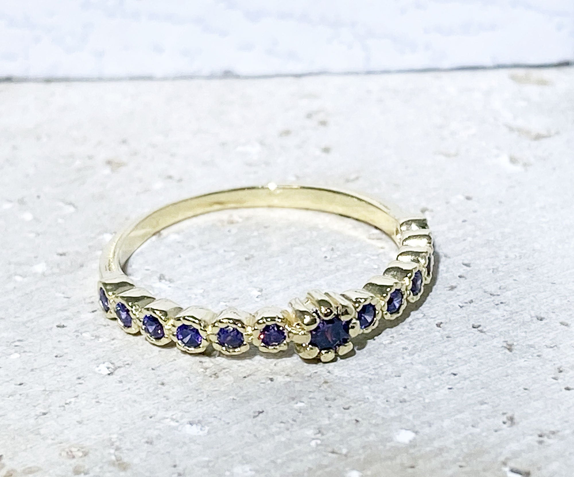 Amethyst Ring - February Birthstone - Delicate Stacking Ring with Purple Amethyst Gemstones - H.L.Jewelry