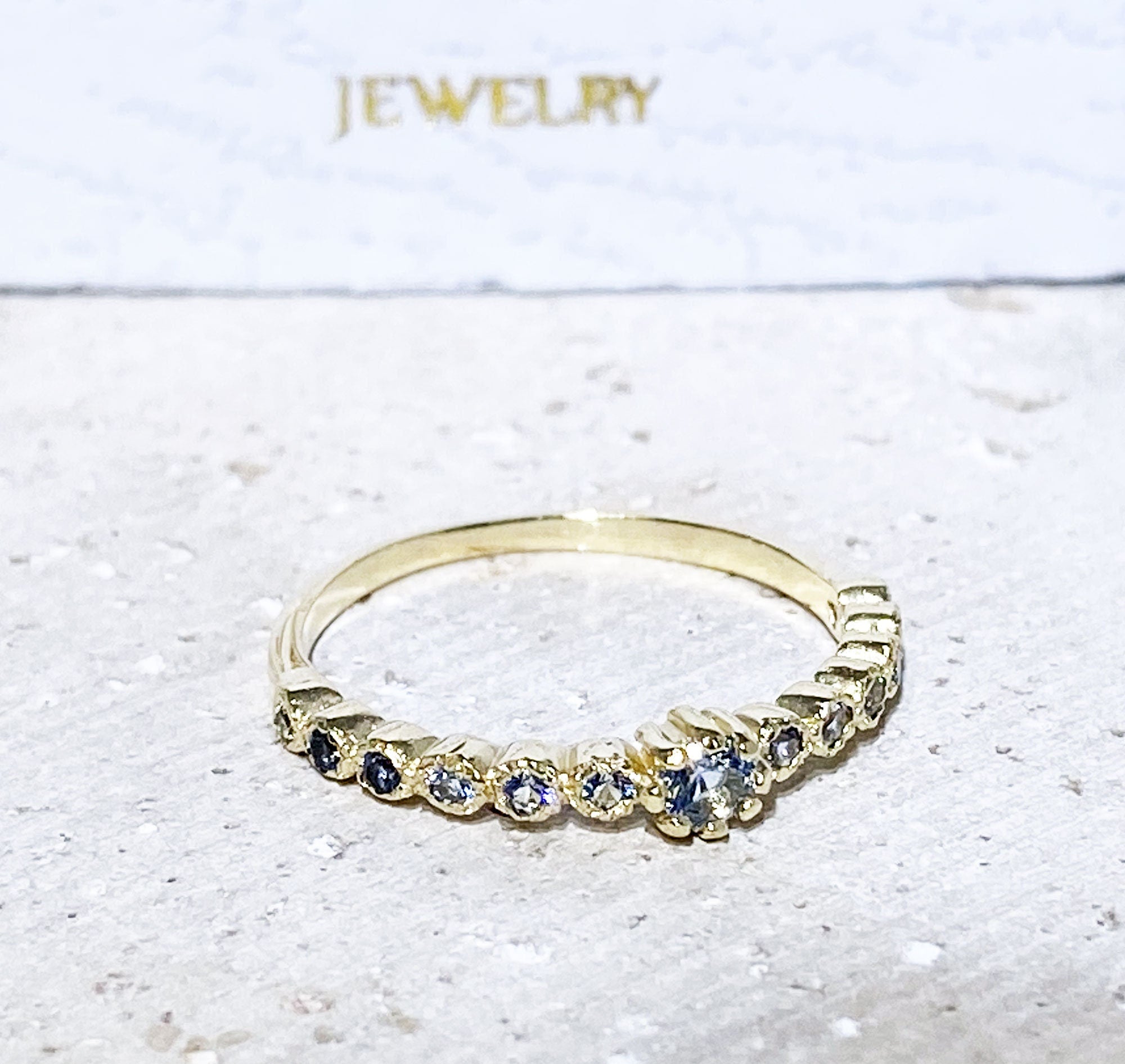 Aquamarine Ring - March Birthstone - Delicate Stacking Ring with Round Aquamarine Gemstones - H.L.Jewelry