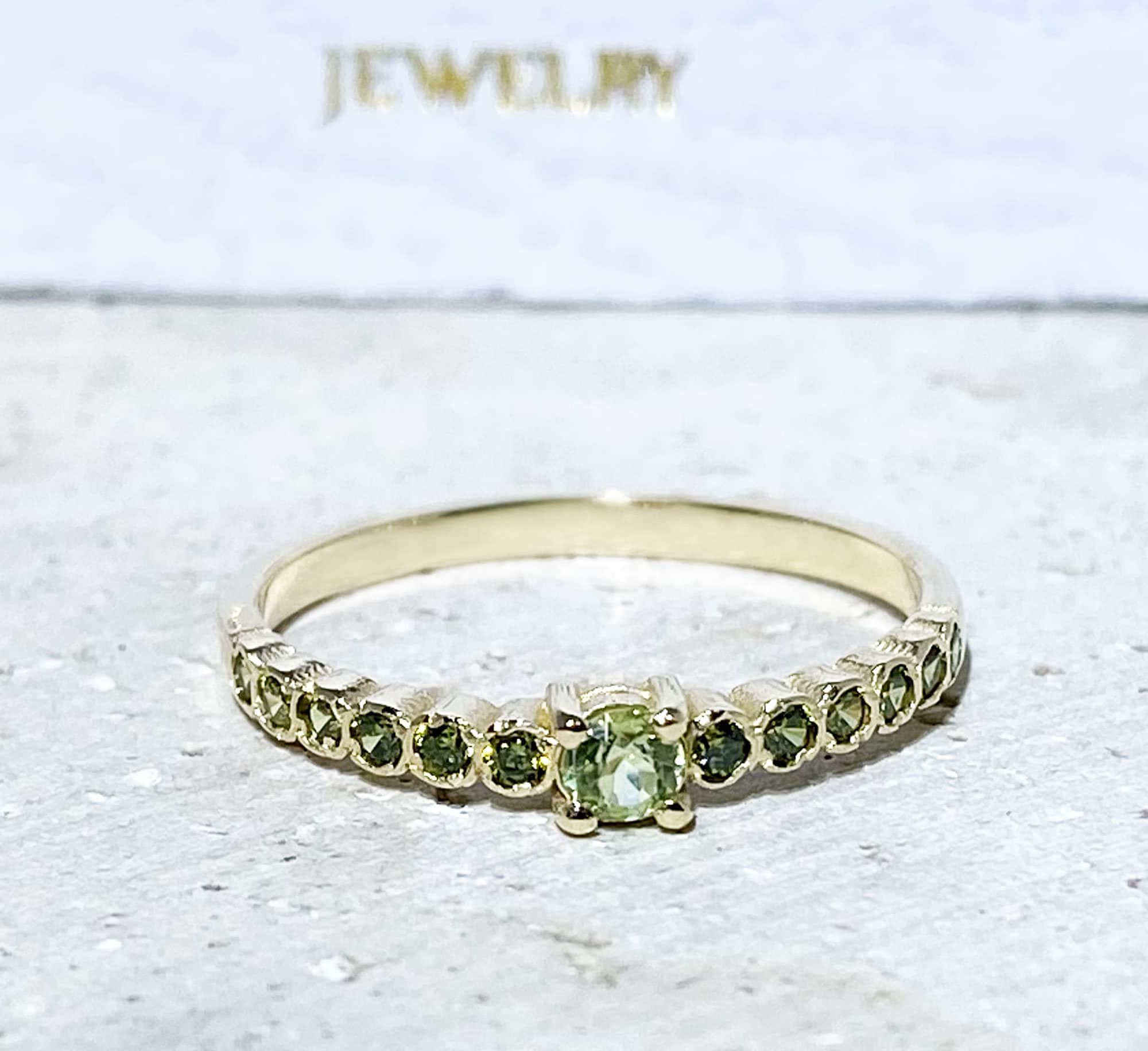 Peridot Ring - August Birthstone - Stacking Half Eternity Ring with Thirteen Round Peridot Gemstones - H.L.Jewelry