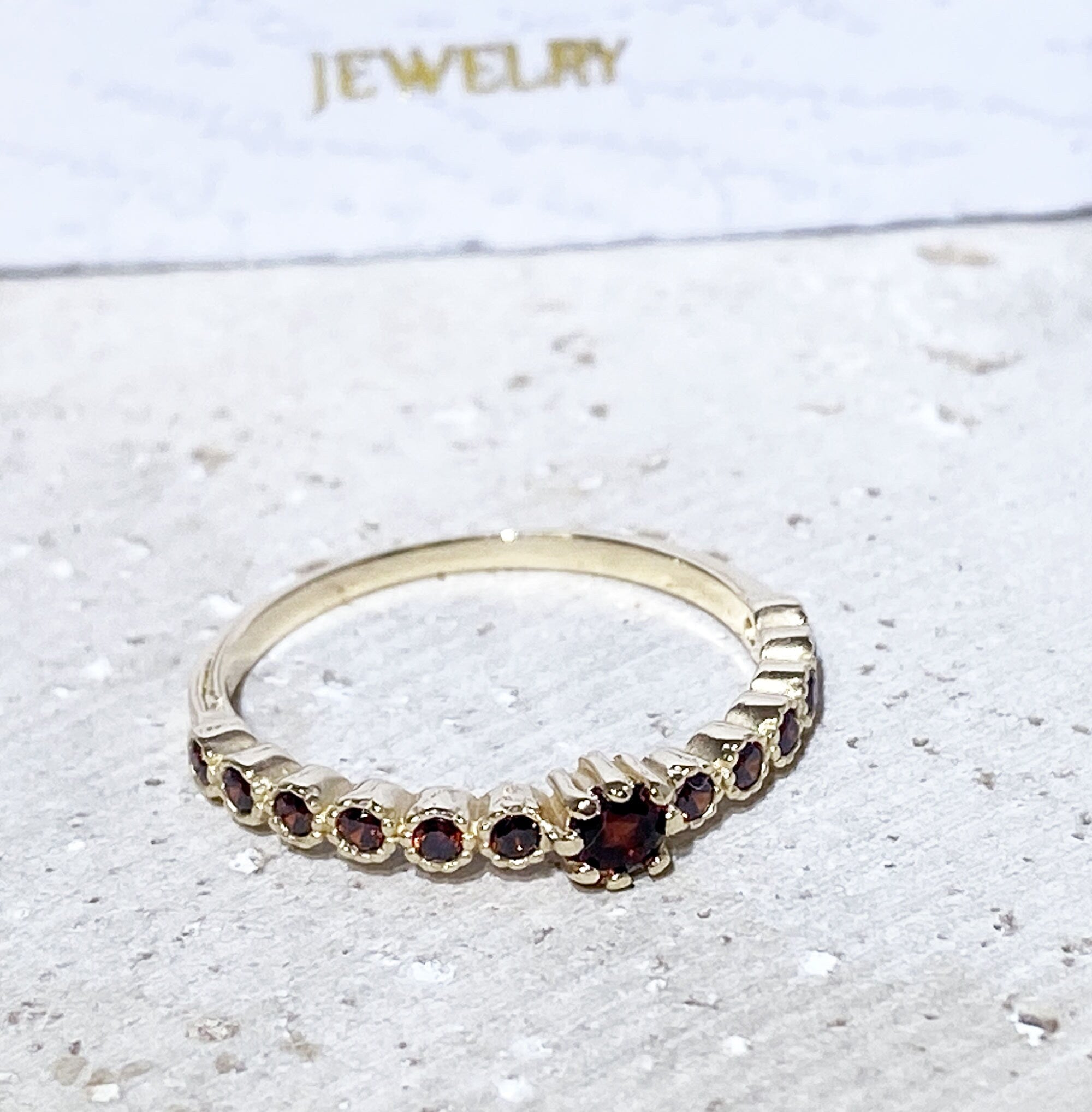 Red Garnet Ring - January Ring - Half Eternity Ring - Stack Ring - Bezel Ring - Tiny Ring - Simple Ring - H.L.Jewelry