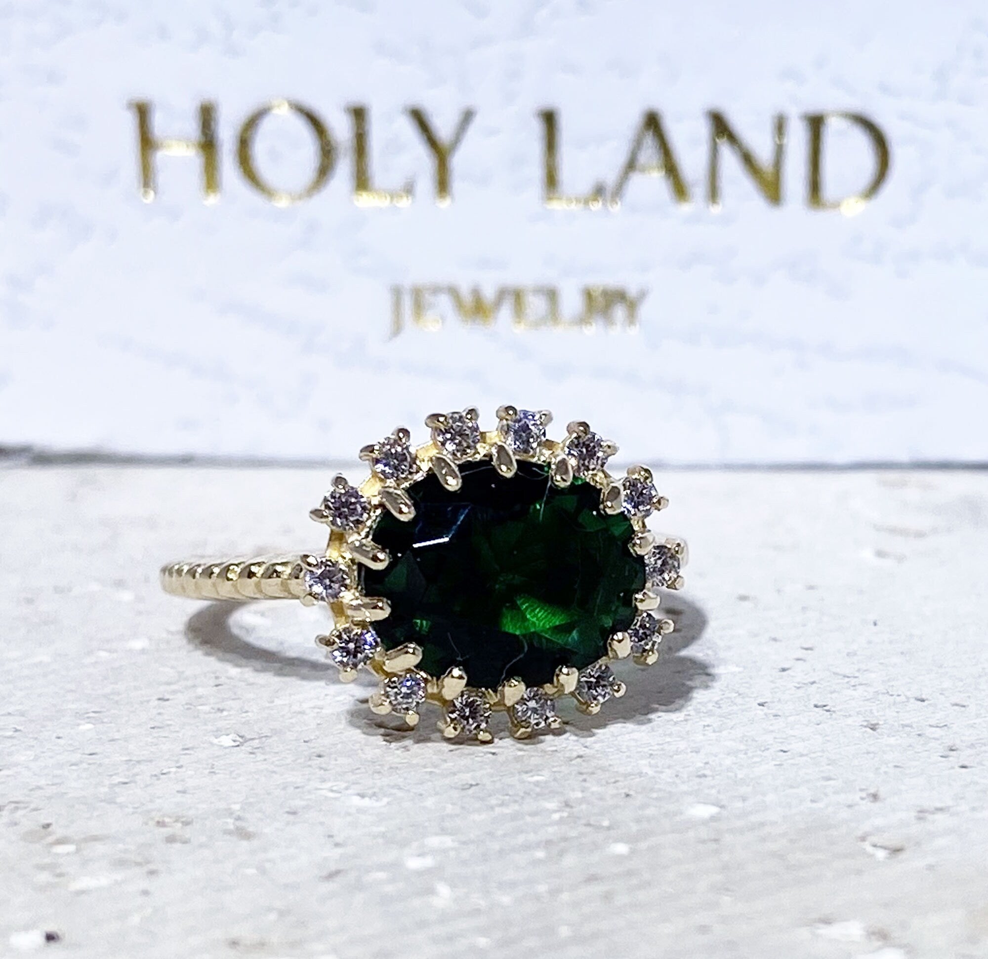 Emerald Ring - May Birthstone - Engagement Ring with Oval Emerald Gemstone and Clear Quartz Halo - H.L.Jewelry