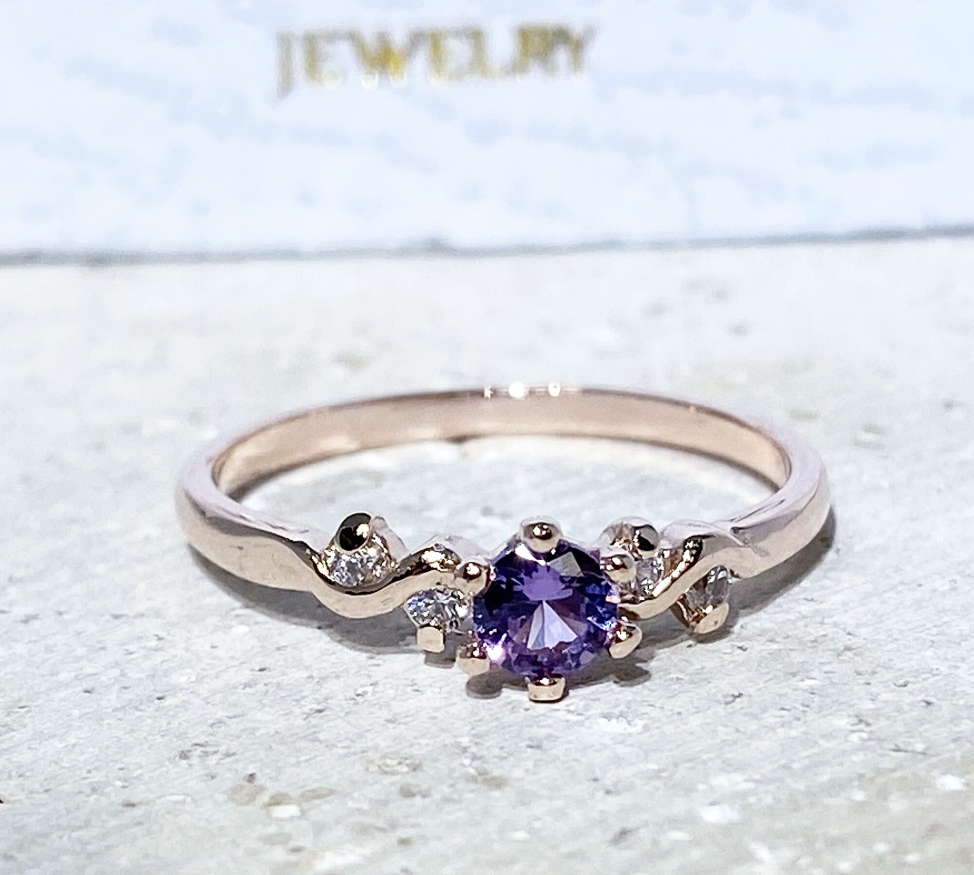 Alexandrite Ring - June Birthstone - Tiny Delicate Ring with Round Alexandrite Gemstone and Clear Quartz Accents - H.L.Jewelry