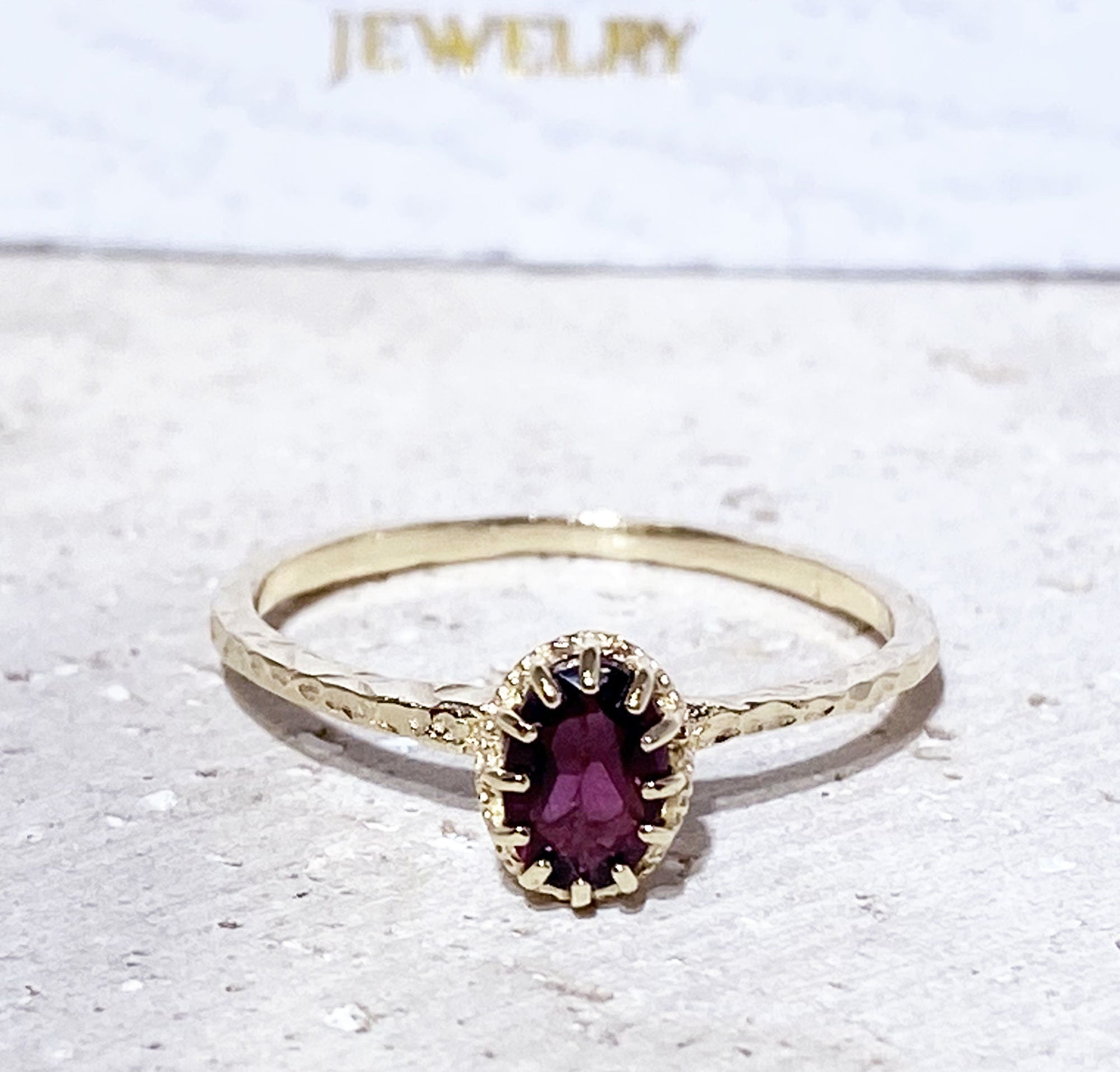 Red Garnet Ring - January Birthstone - Oval Red Garnet Gemstone Delicate Hammered Ring - H.L.Jewelry