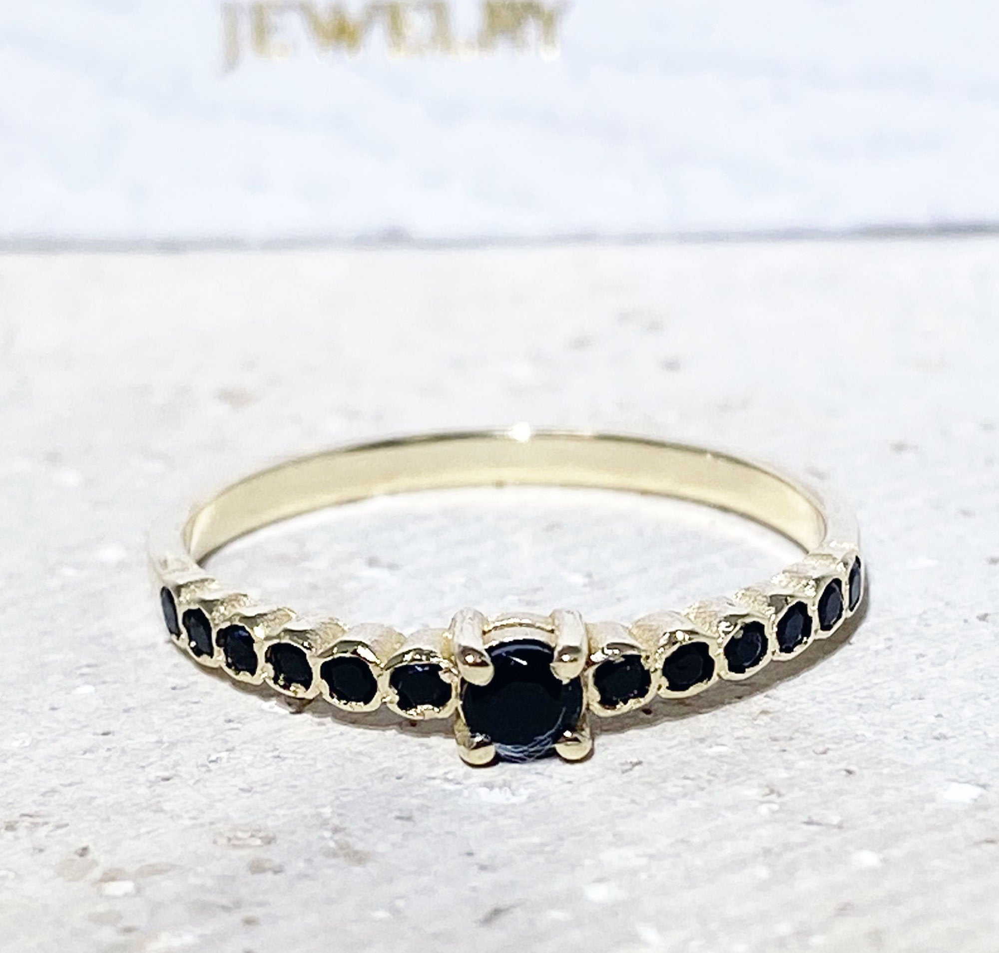 Black Onyx Ring - December Birthstone - Delicate Stacking Ring with Thirteen Round Black Onyx Gemstones - H.L.Jewelry