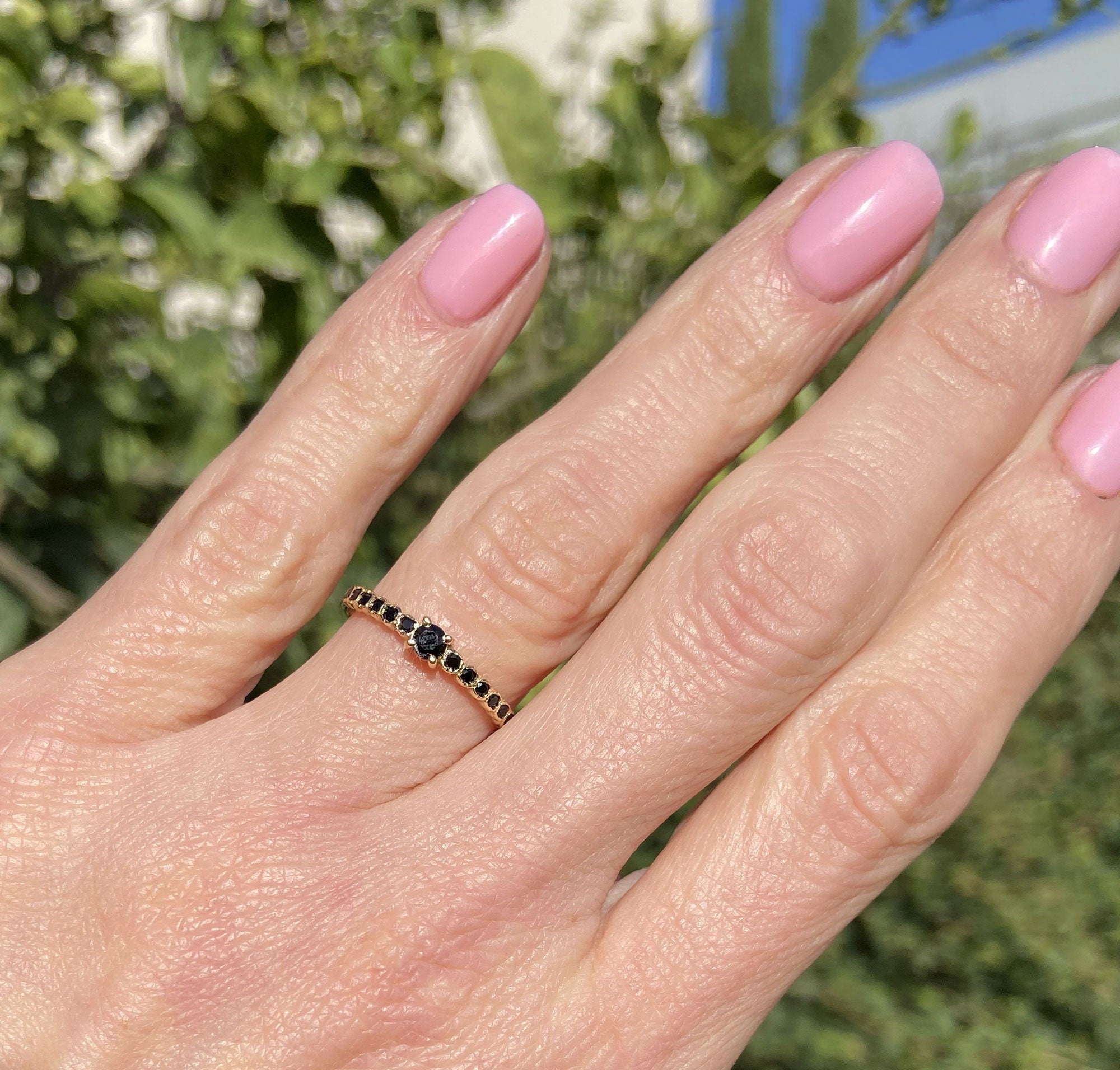 Black Onyx Ring - December Birthstone - Delicate Stacking Ring with Thirteen Round Black Onyx Gemstones - H.L.Jewelry