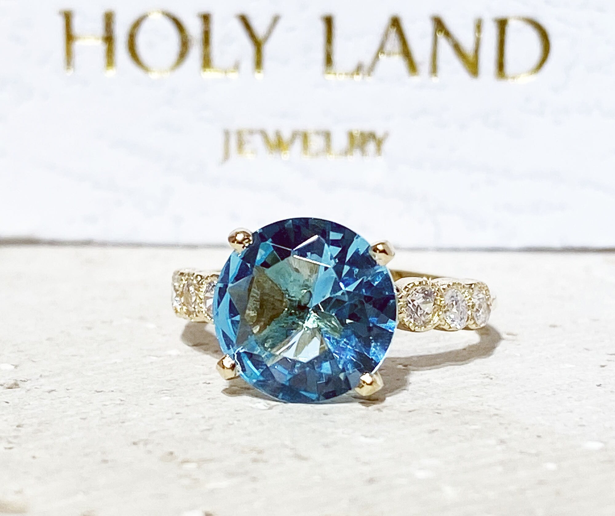 Aquamarine Ring - March Birthstone - Statement Engagement Ring with Round Aquamarine Gemstone and Clear Quartz Accents - H.L.Jewelry