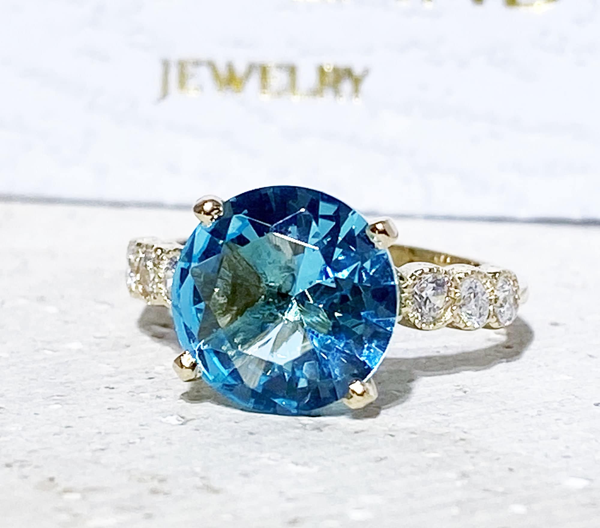 Aquamarine Ring - March Birthstone - Statement Engagement Ring with Round Aquamarine Gemstone and Clear Quartz Accents - H.L.Jewelry