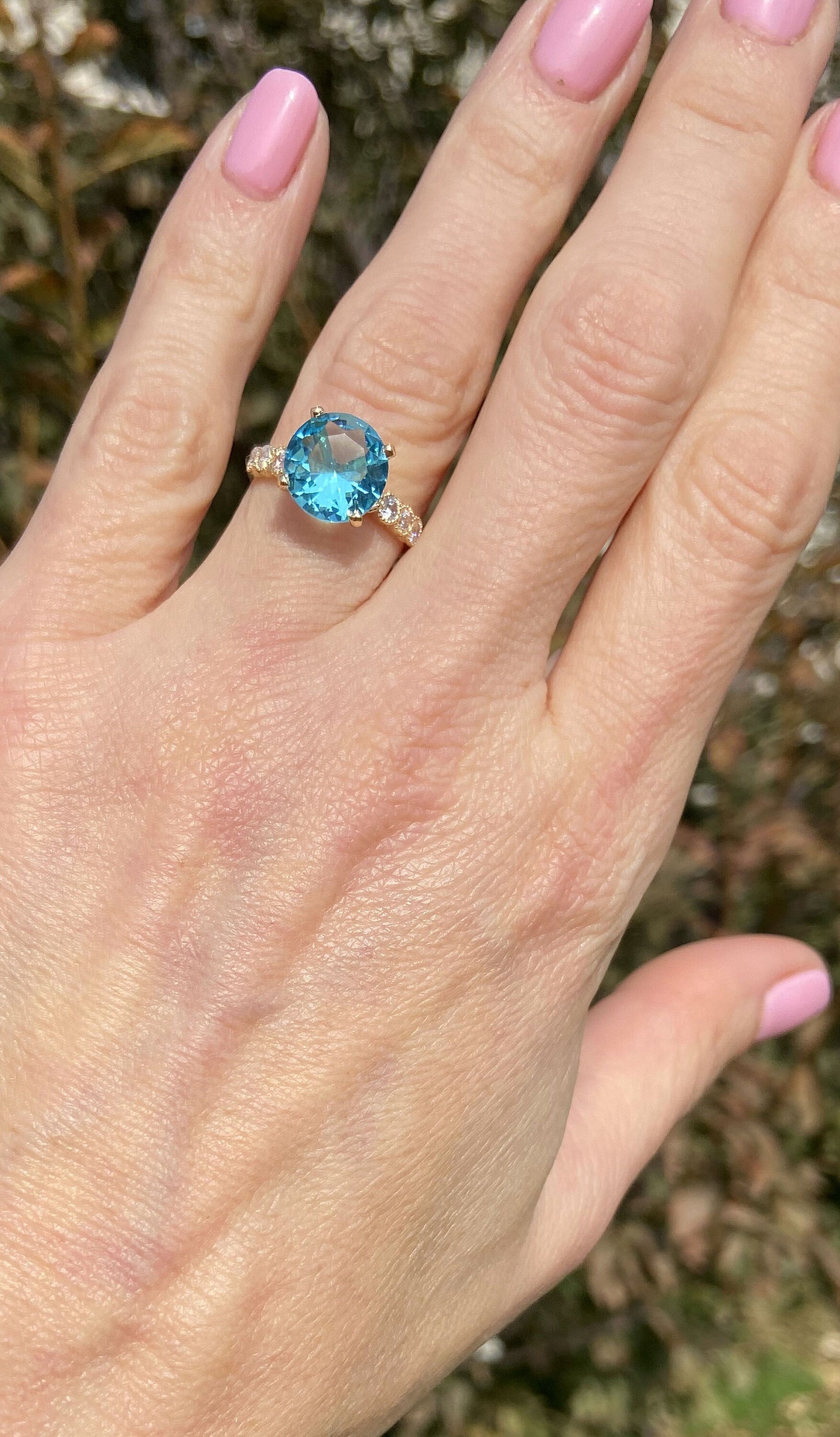 Aquamarine Ring - March Birthstone - Statement Engagement Ring with Round Aquamarine Gemstone and Clear Quartz Accents - H.L.Jewelry