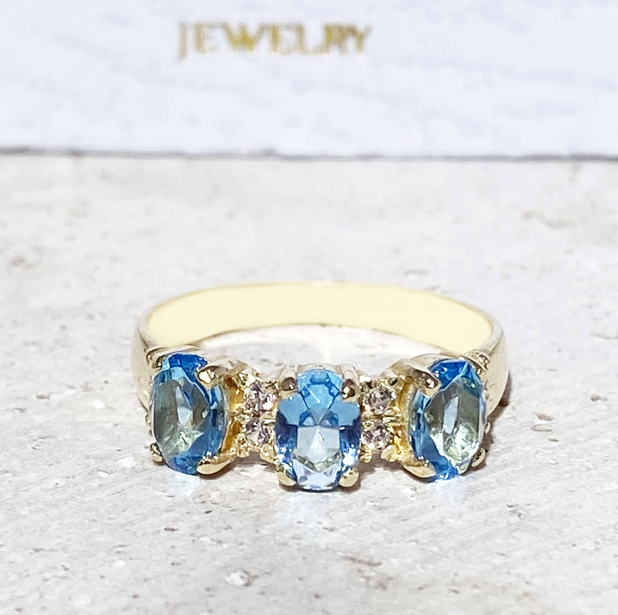 Blue Topaz Ring - December Birthstone - Three Oval Blue Topz Gemstones Ring with Clear Quartz Accents - H.L.Jewelry