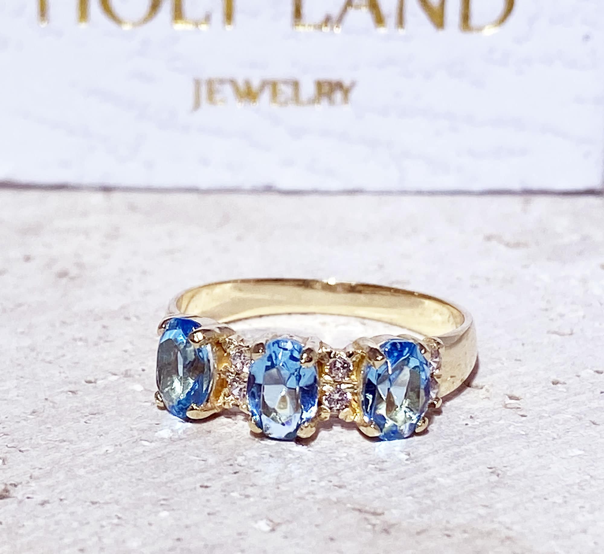 Blue Topaz Ring - December Birthstone - Three Oval Blue Topz Gemstones Ring with Clear Quartz Accents - H.L.Jewelry