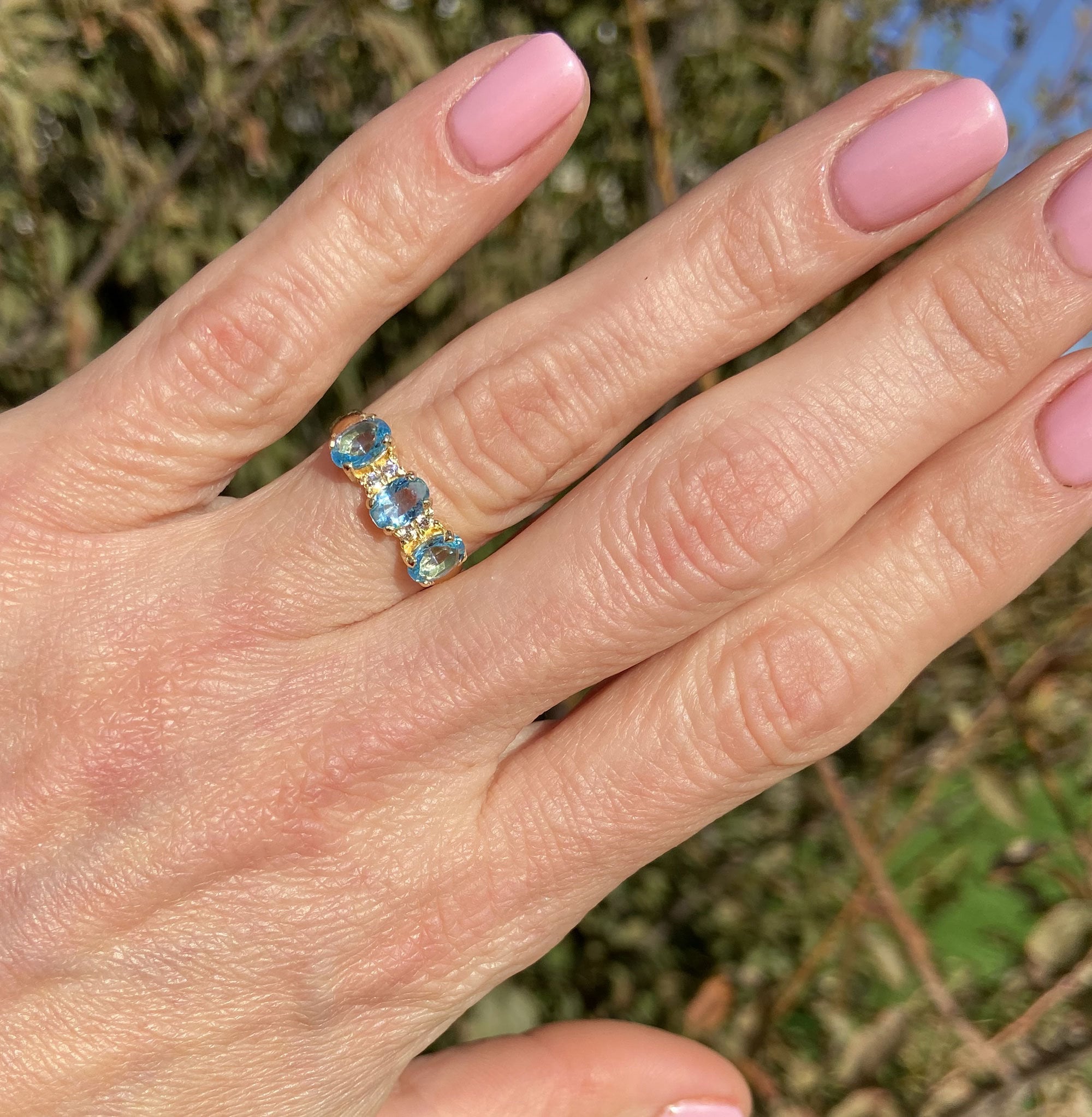 Blue Topaz Ring - December Birthstone - Three Oval Blue Topz Gemstones Ring with Clear Quartz Accents - H.L.Jewelry