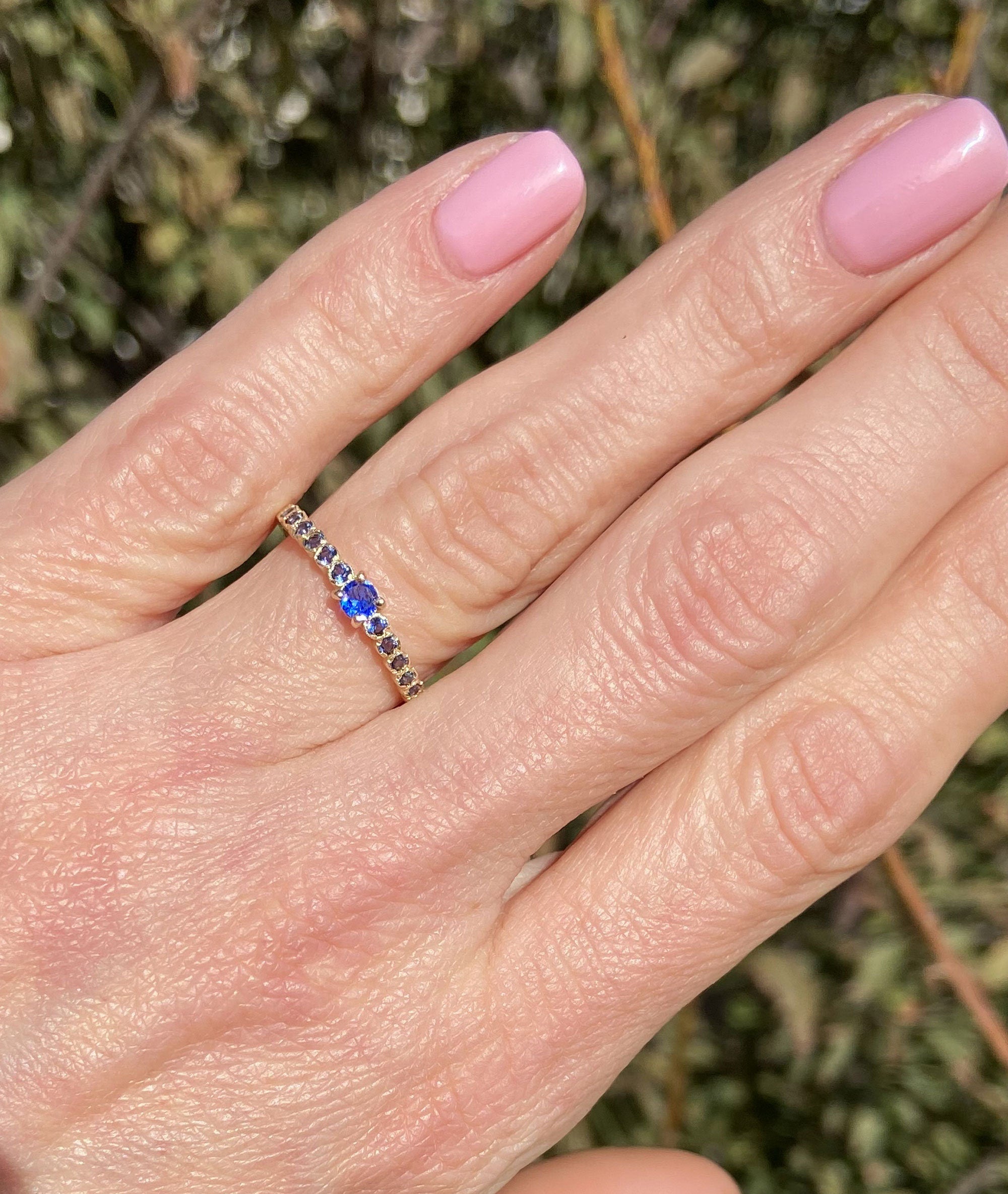 Blue Sapphire Ring - September Birthstone - Delicate Stacking Half Eternity Ring with Thirteen Round Blue Sapphire Gemstones - H.L.Jewelry