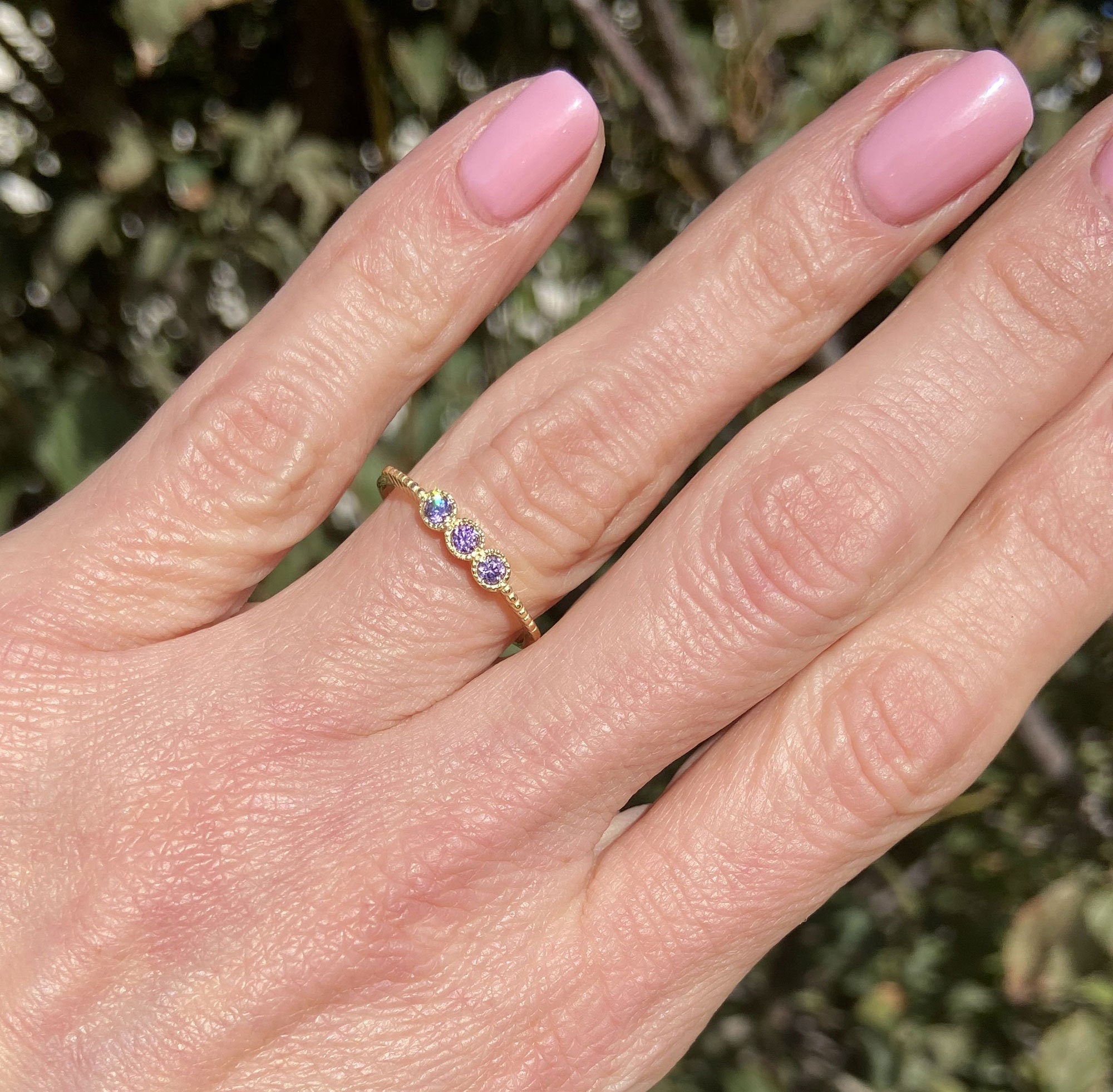 Purple Amethyst Ring - February Birthstone - Three Round Purple Amethyst Gemstone Delicate Stacking Ring - H.L.Jewelry