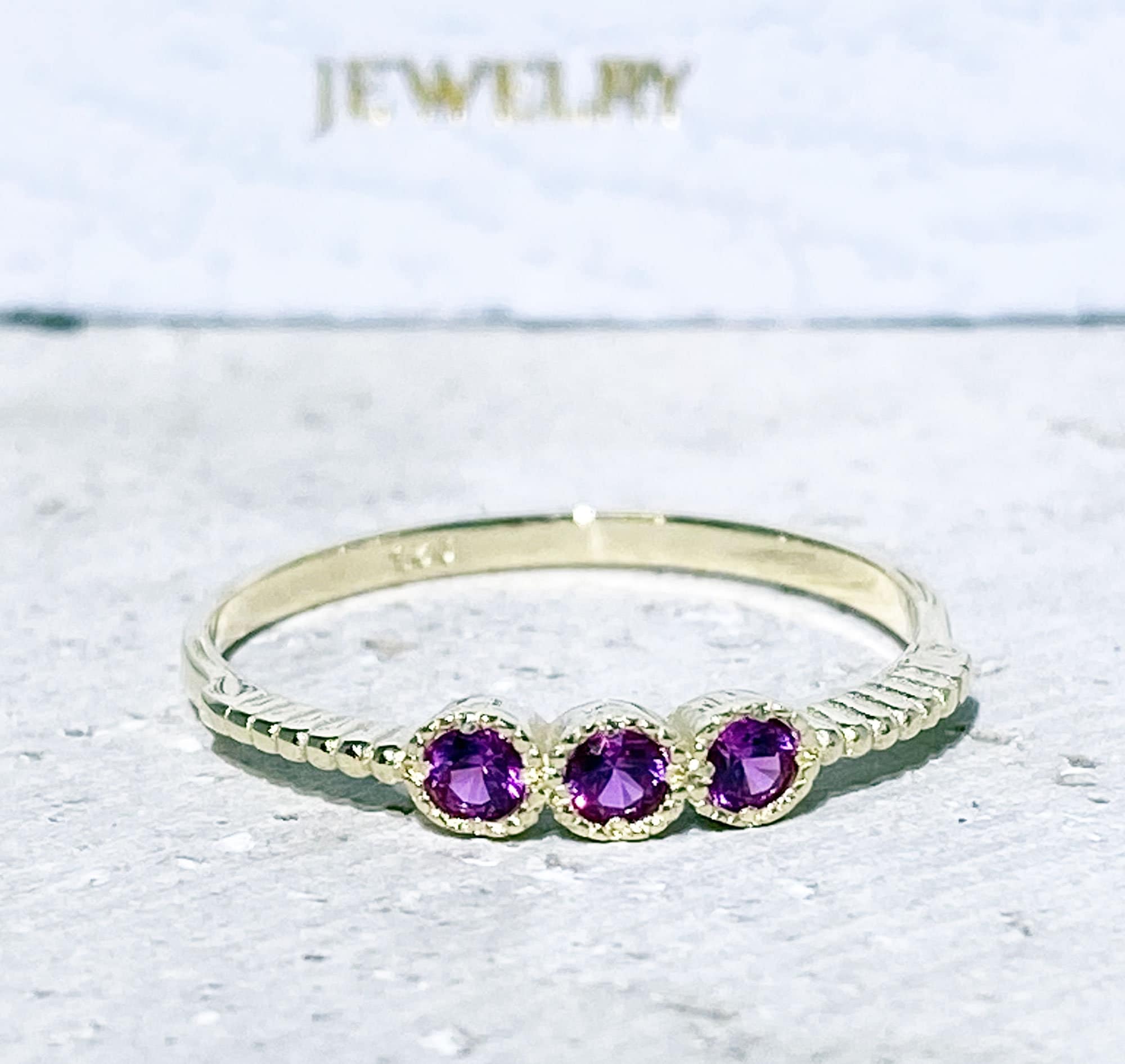 Ruby ring - July Birthstone Jewelry - Three Round Ruby Gemstones Delicate Stacking Ring - H.L.Jewelry