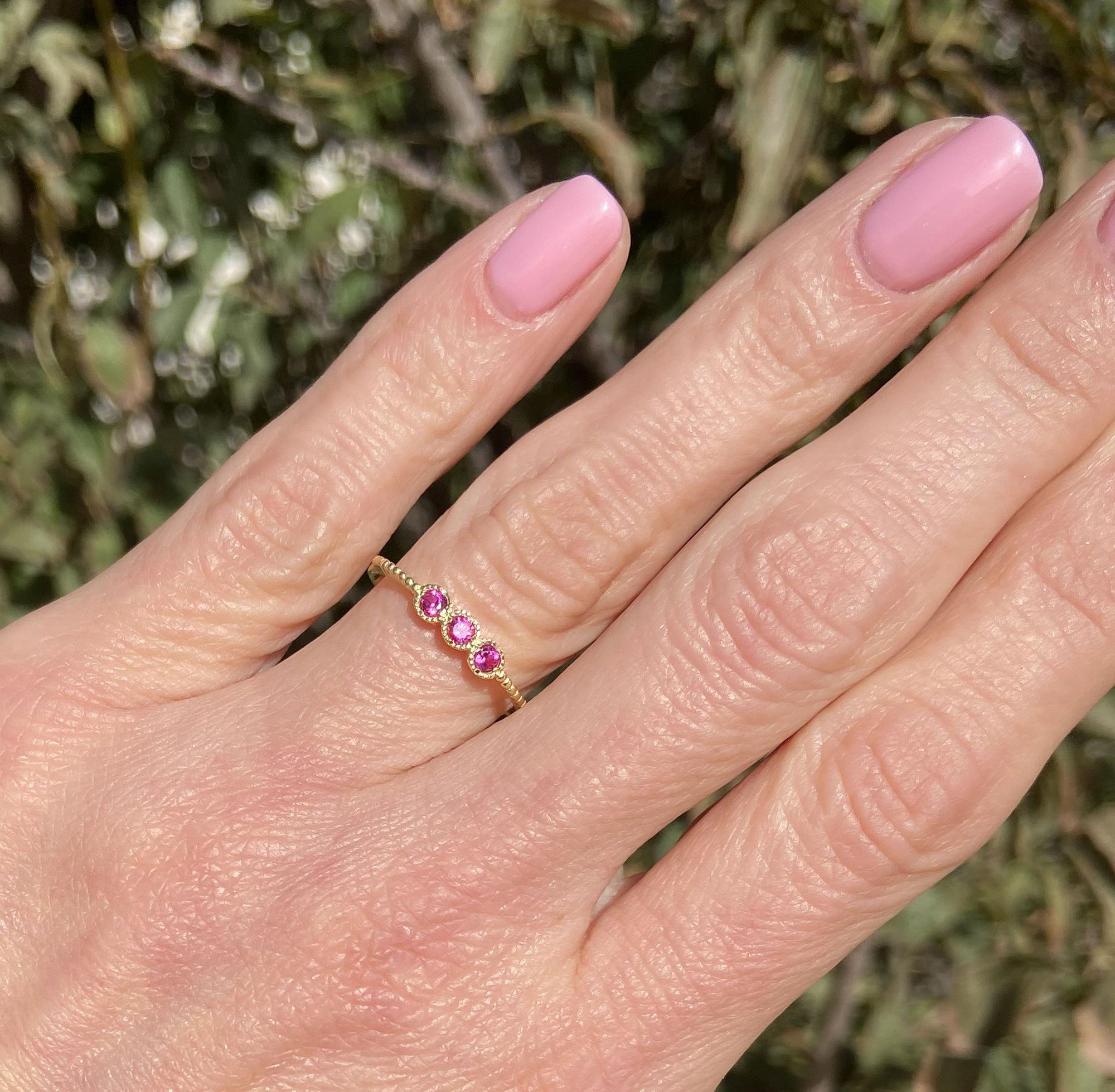 Ruby ring - July Birthstone Jewelry - Three Round Ruby Gemstones Delicate Stacking Ring - H.L.Jewelry