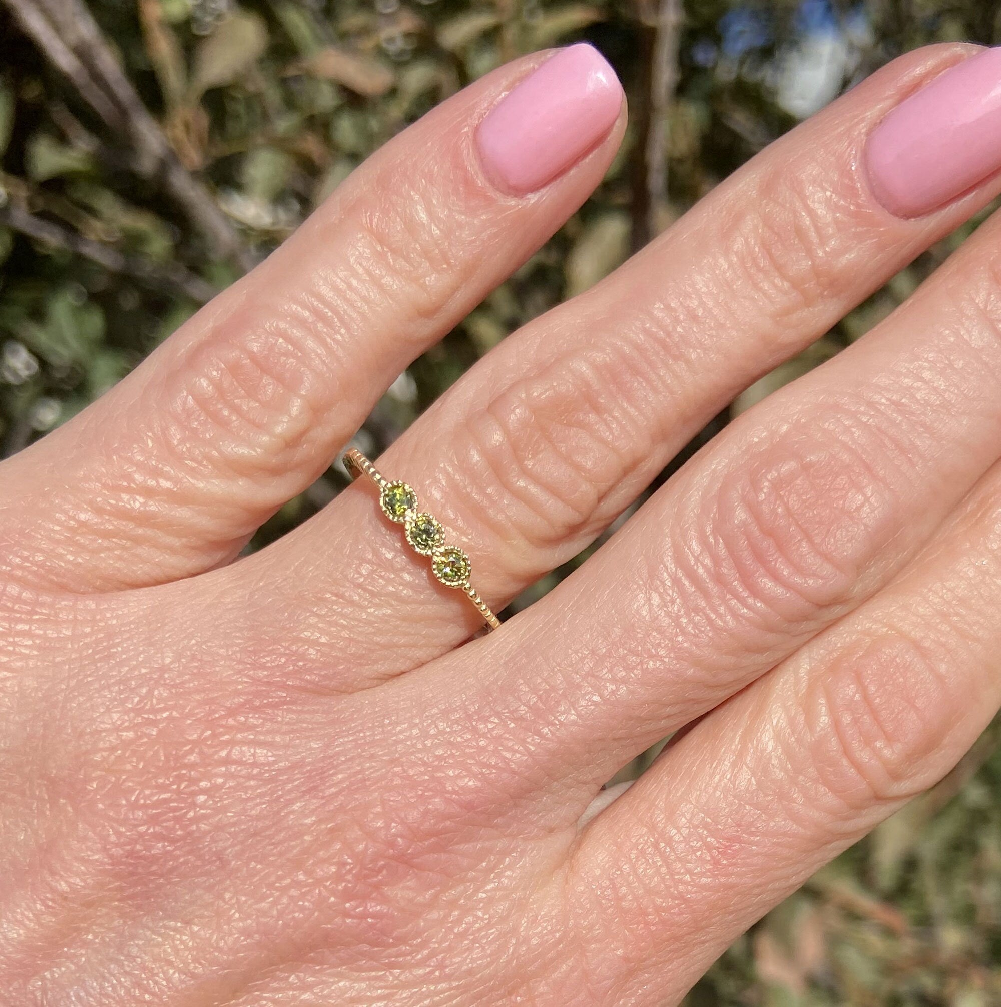 Peridot Ring - August Birthstone - Delicate Stacking Ring with Three Round Peridot Gemstones - H.L.Jewelry