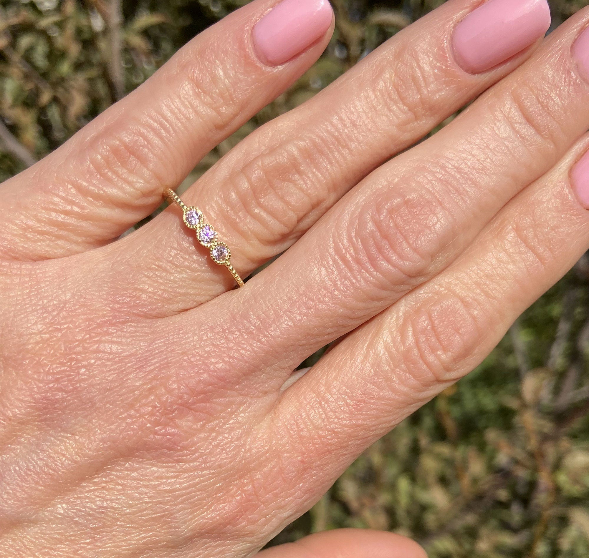 Rose Quartz Ring - October Birthstone - Three Round Rose Quartz Gemstones Delicate Stacking Ring - H.L.Jewelry