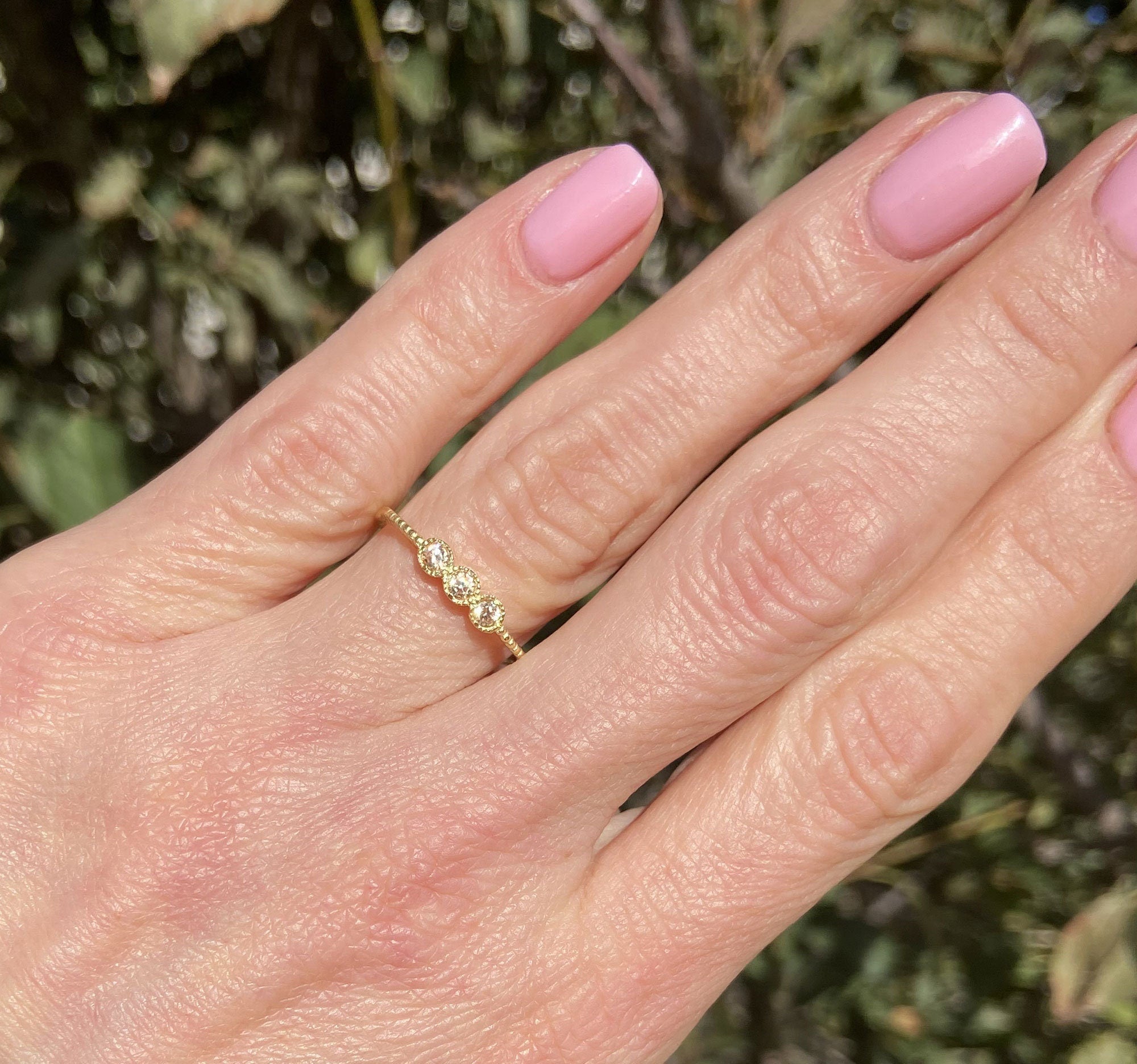 Citrine Ring - November Birthstone - Three Round Citrine Gemstones Delicate Stacking Ring - H.L.Jewelry