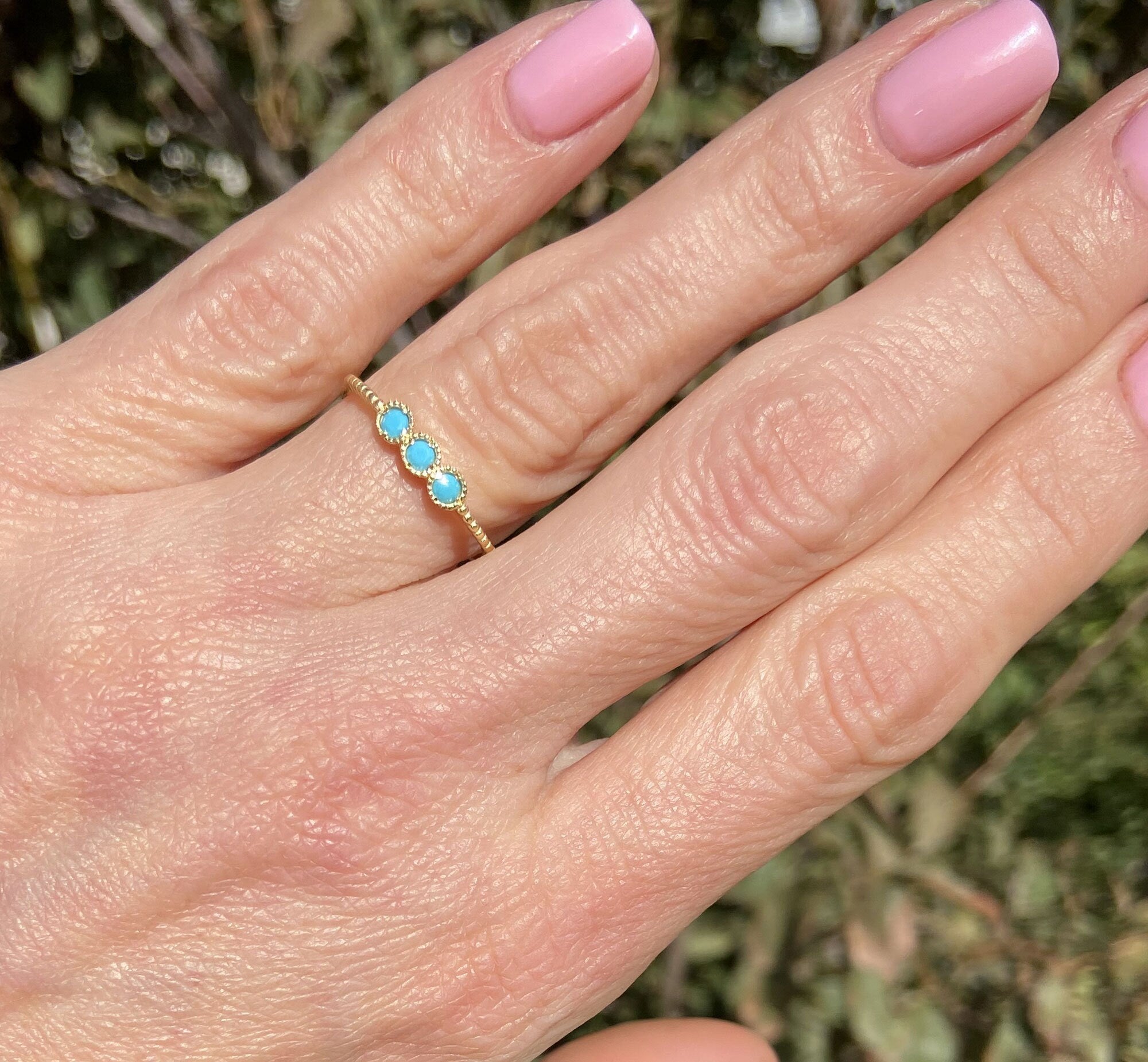 Blue Turquoise Ring - Sleeping Beauty Turquoise - December Birthstone - Three Round Blue Turquoise Gemstones Delicate Stacking Ring - H.L.Jewelry