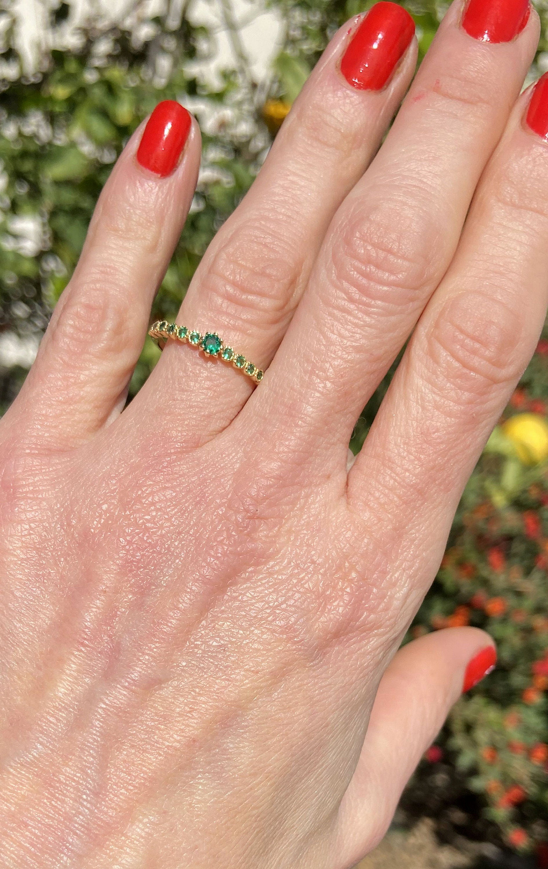 Emerald Ring - May Birthstone Jewelry - Delicate Stacking Half Eternity Ring with Thirteen Round Emerald Gemstones - H.L.Jewelry