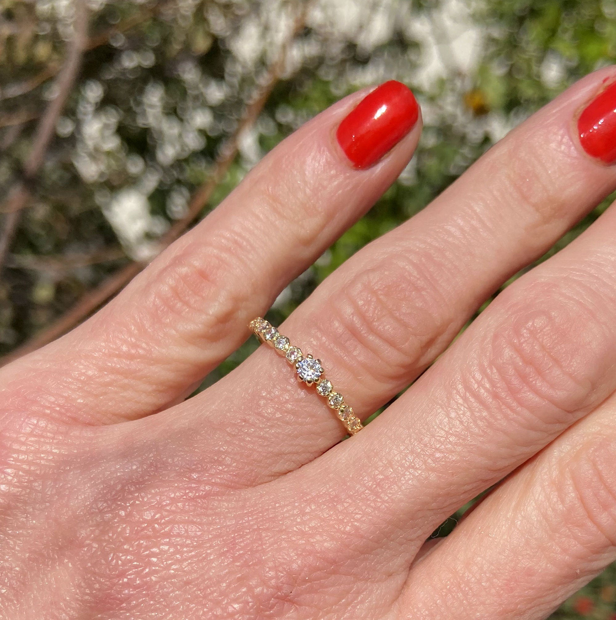 Clear Quartz Ring - April Birthstone - Stacking Ring with Thirteen Round Clear Quartz Stones - H.L.Jewelry