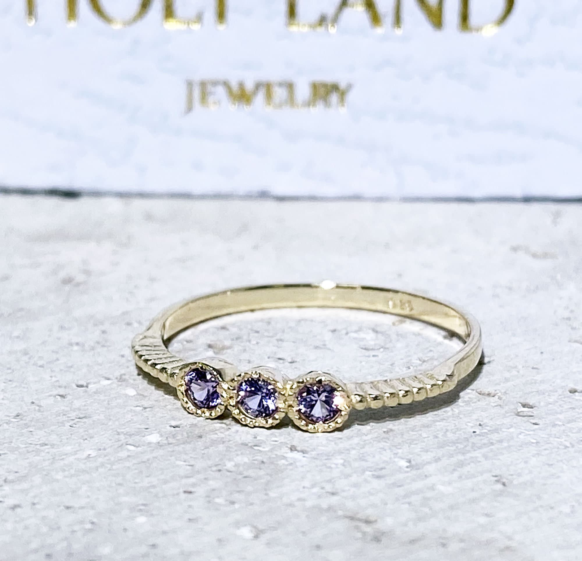 Alexandrite Ring - June Birthstone - Three Round Alexandrite Gemstones Delicate Stacking Ring - H.L.Jewelry