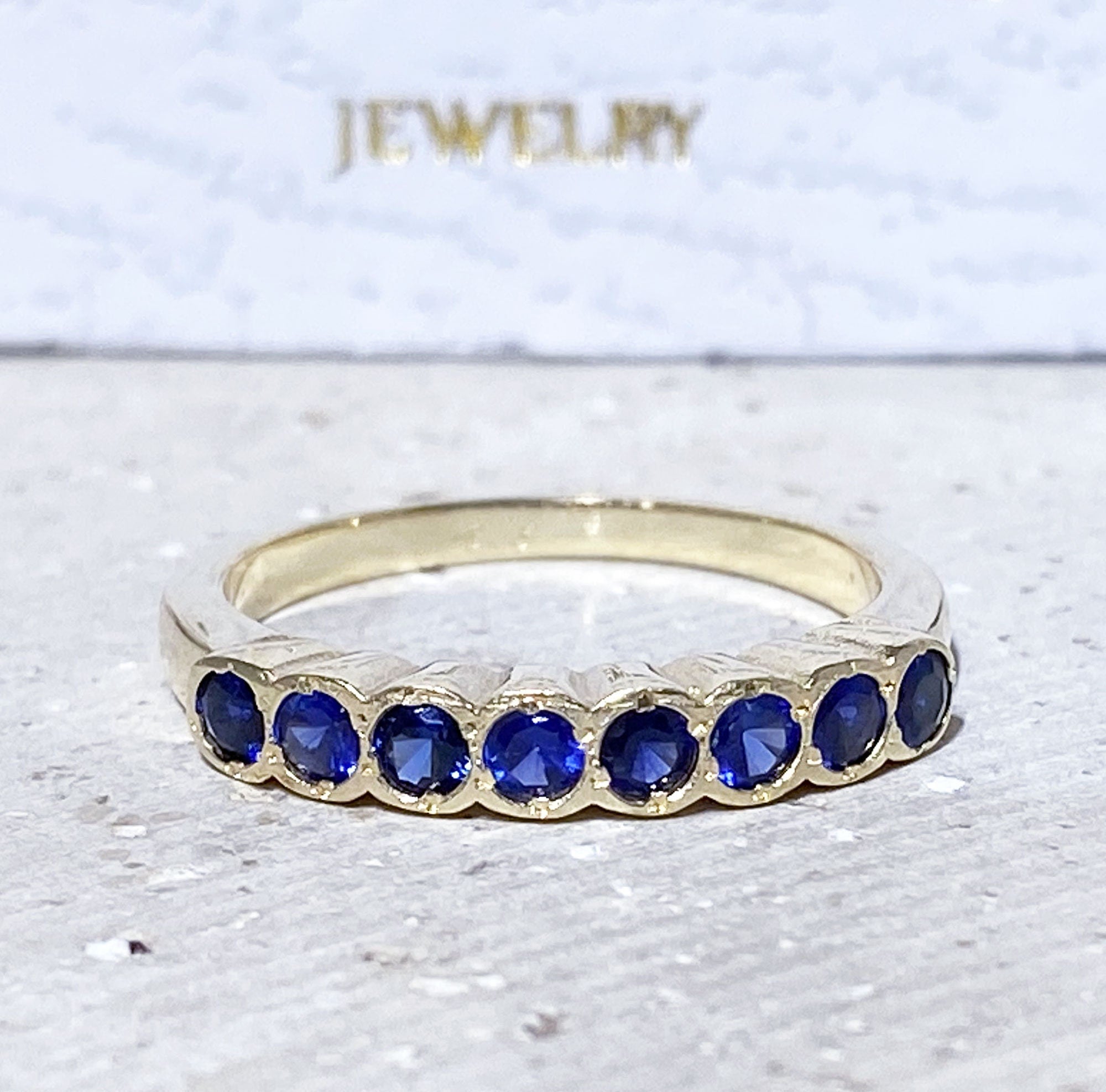 Blue Sapphire Ring - September Birthstone - Stacking Ring with Eight Round Blue Sapphire Gemstones - H.L.Jewelry