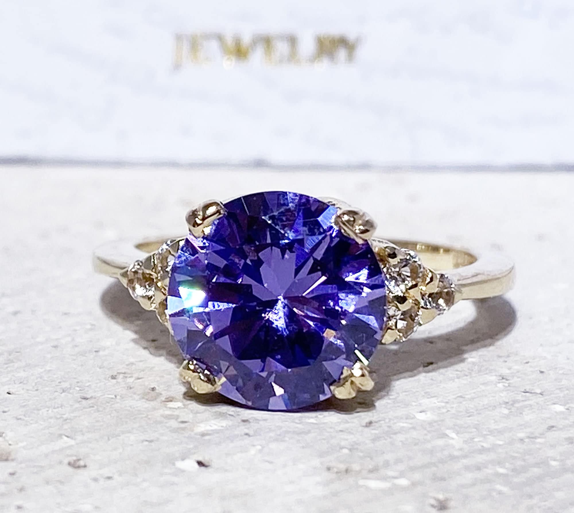 Lavender Amethyst Ring - Statement Engagement Ring with Round Lavender Amethyst Gemstone and Clear Quartz Accents - H.L.Jewelry