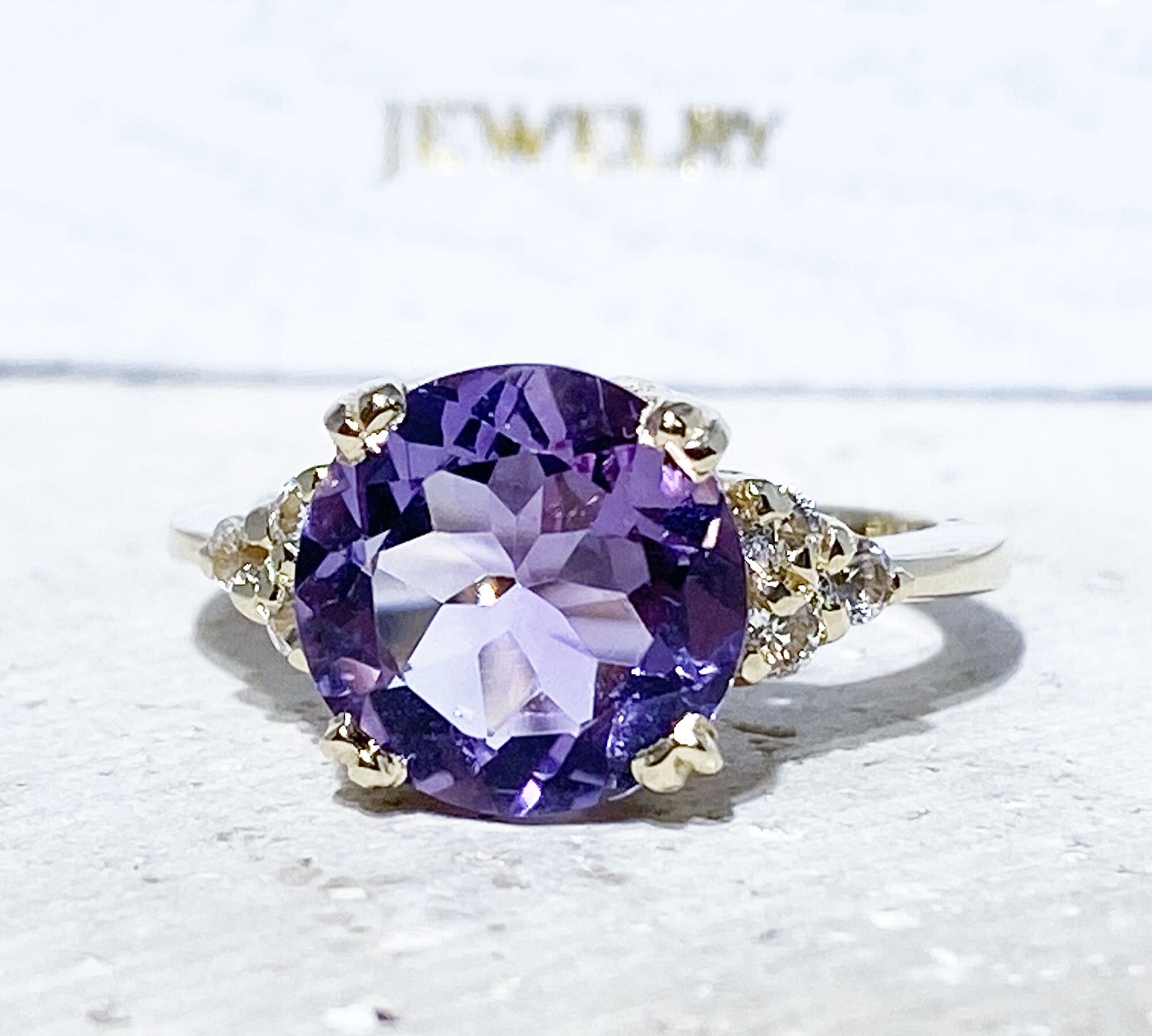 Purple Amethyst Ring - February Birthstone - Round Purple Amethyst Gemstone Statement Engagement Ring with Clear Quartz Accents - H.L.Jewelry