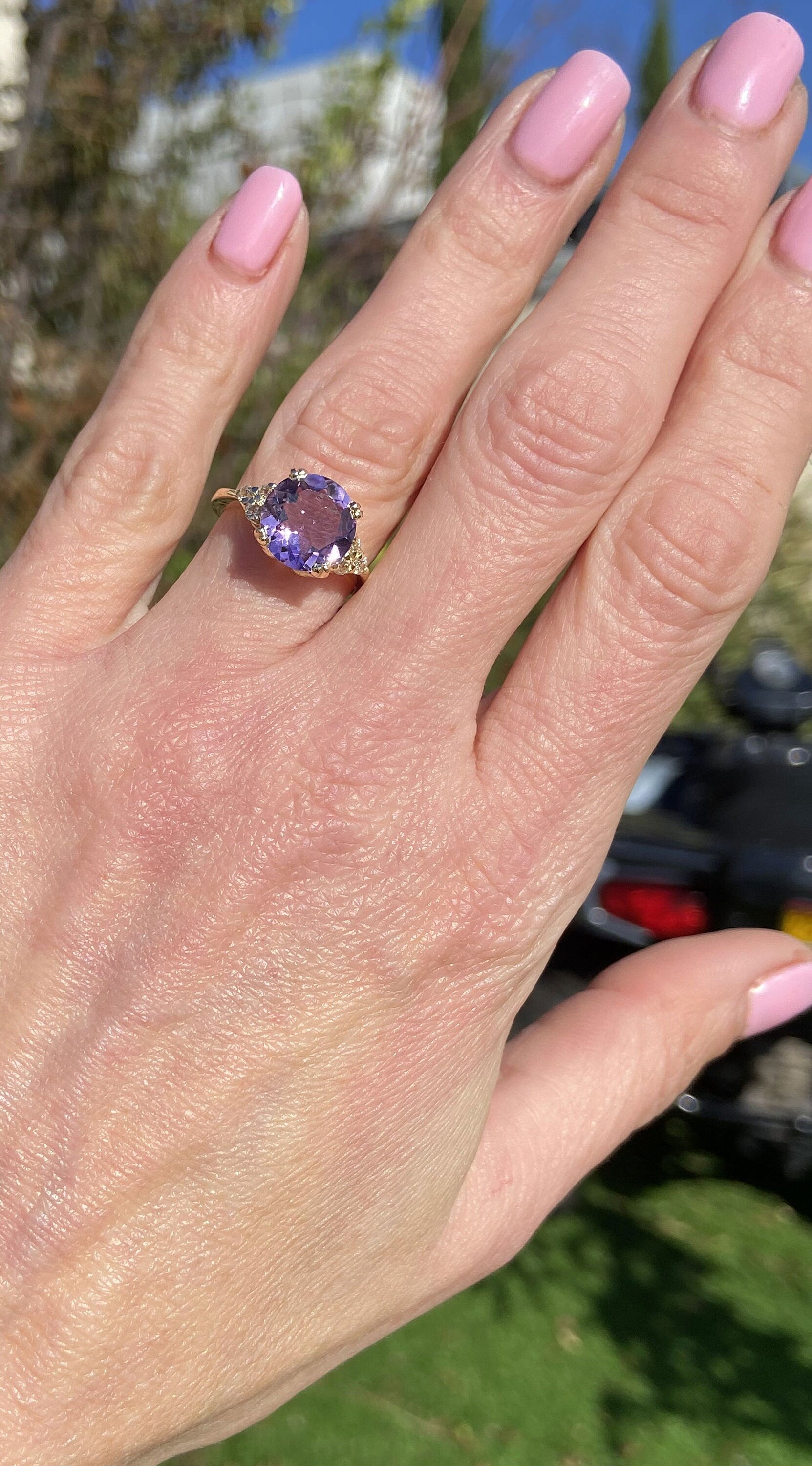 Purple Amethyst Ring - February Birthstone - Round Purple Amethyst Gemstone Statement Engagement Ring with Clear Quartz Accents - H.L.Jewelry