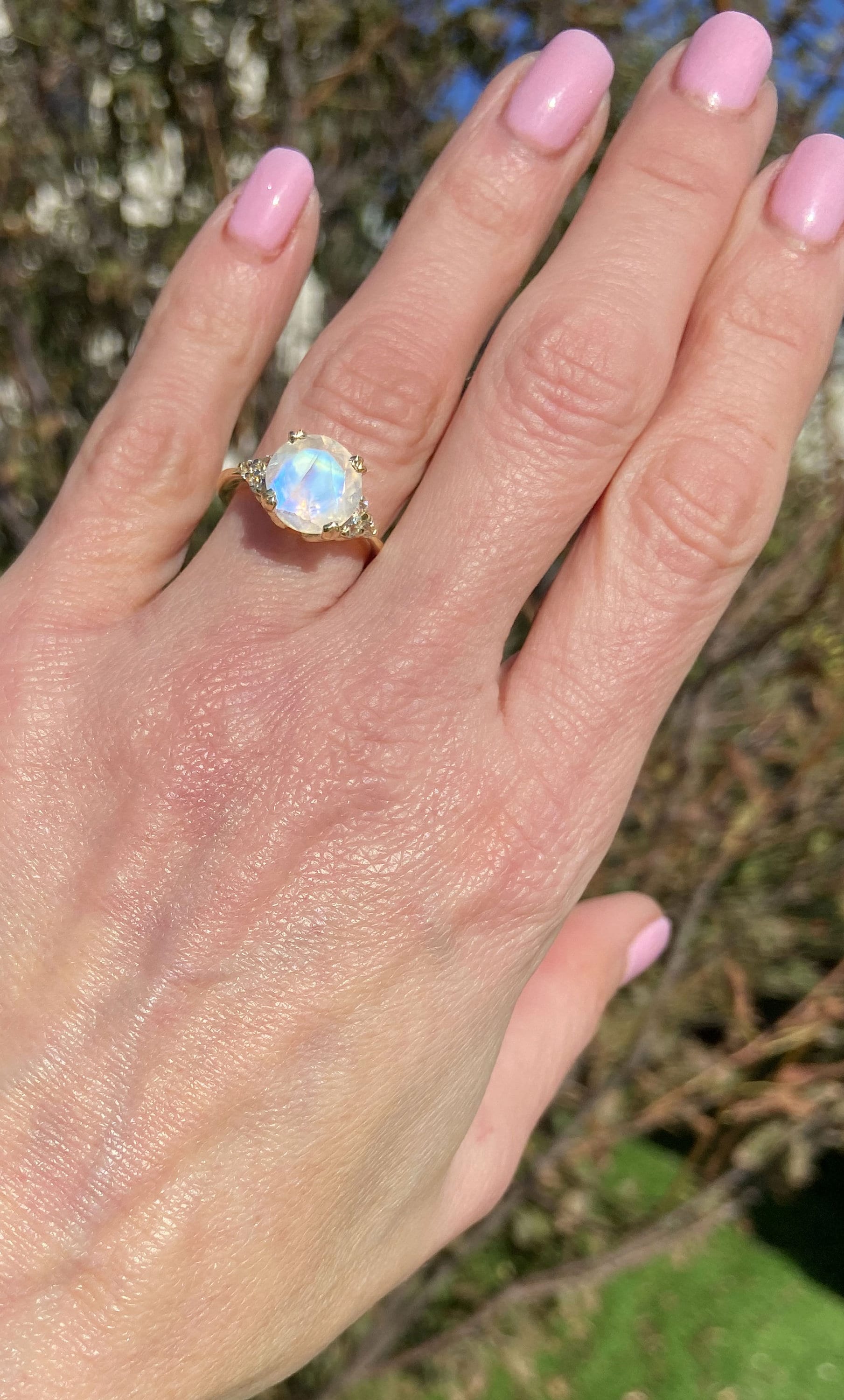 Rainbow Moonstone Ring - June Birthstone - Round Rainbow Moonstone Statement Engagement Ring with Clear Quartz Accents - H.L.Jewelry