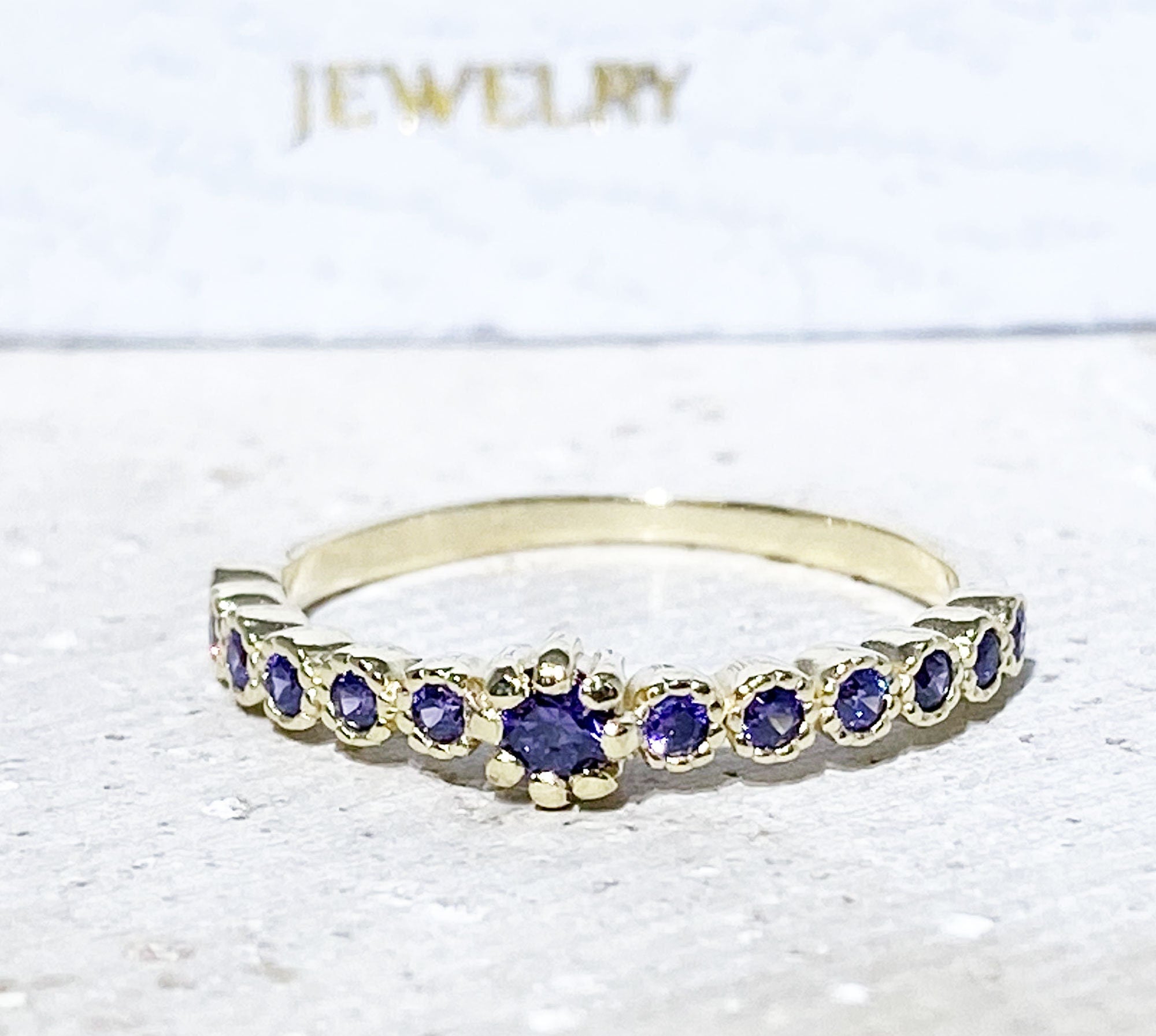 Amethyst Ring - February Birthstone - Delicate Stacking Ring with Purple Amethyst Gemstones - H.L.Jewelry