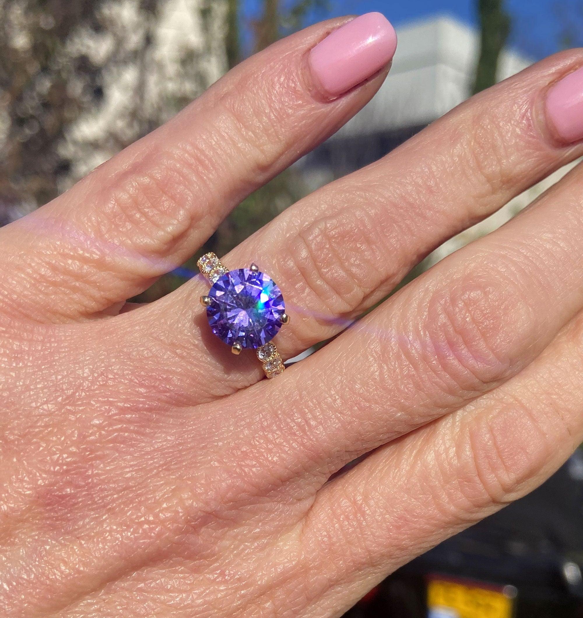 Lavender Amethyst Ring - Statement Engagement Ring with Round Lavender Amethyst Gemstone and Clear Quartz Accents - H.L.Jewelry