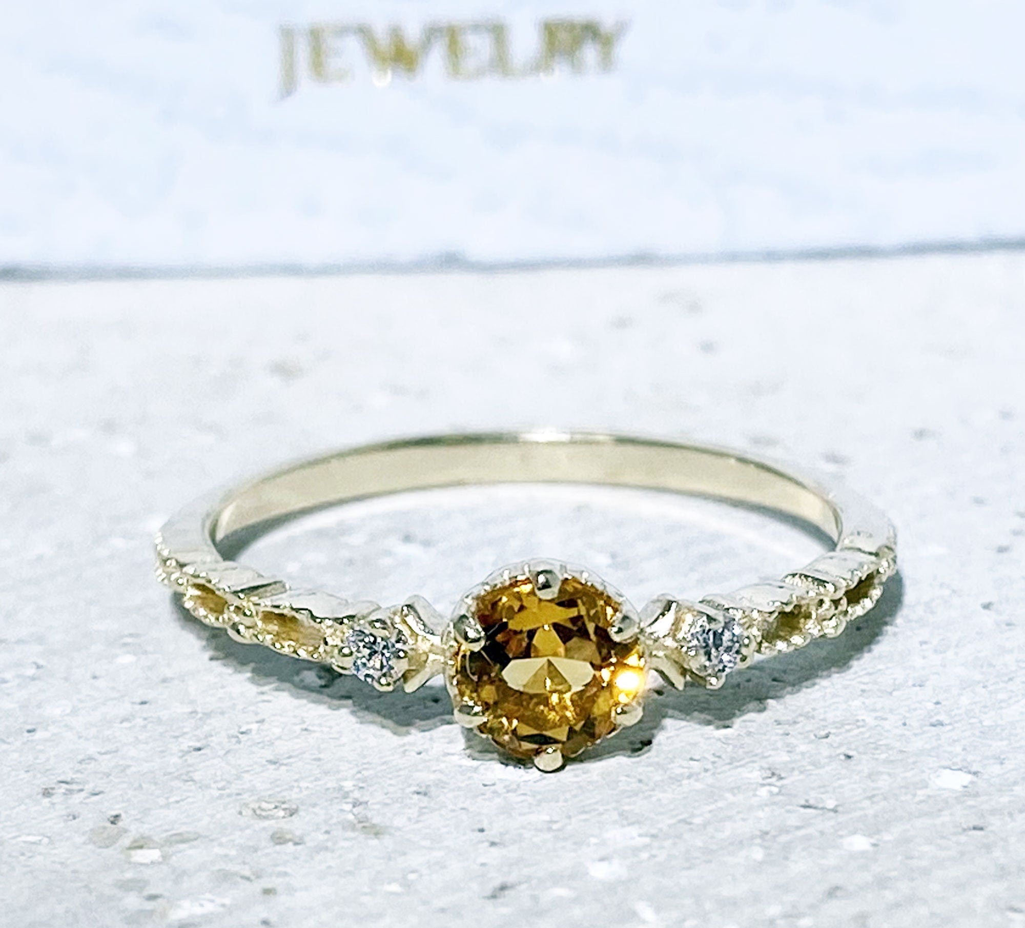 Citrine Ring - November Birthstone - Delicate Ring with Round Citrine Center Stone and Clear Quartz Accents - H.L.Jewelry