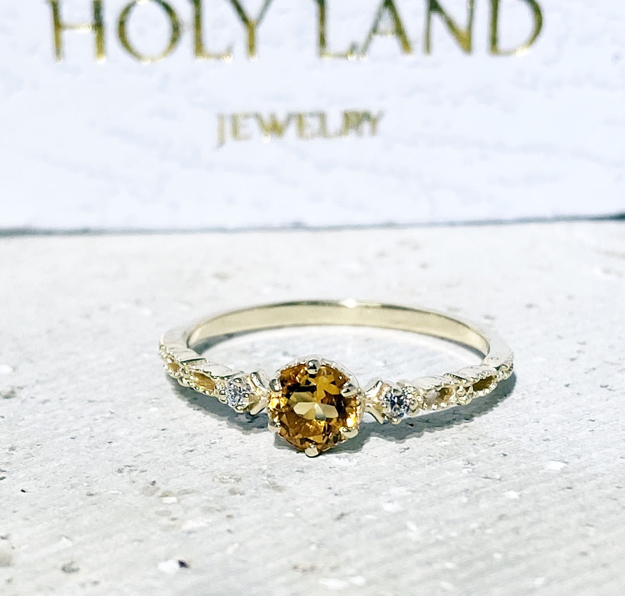 Citrine Ring - November Birthstone - Delicate Ring with Round Citrine Center Stone and Clear Quartz Accents - H.L.Jewelry